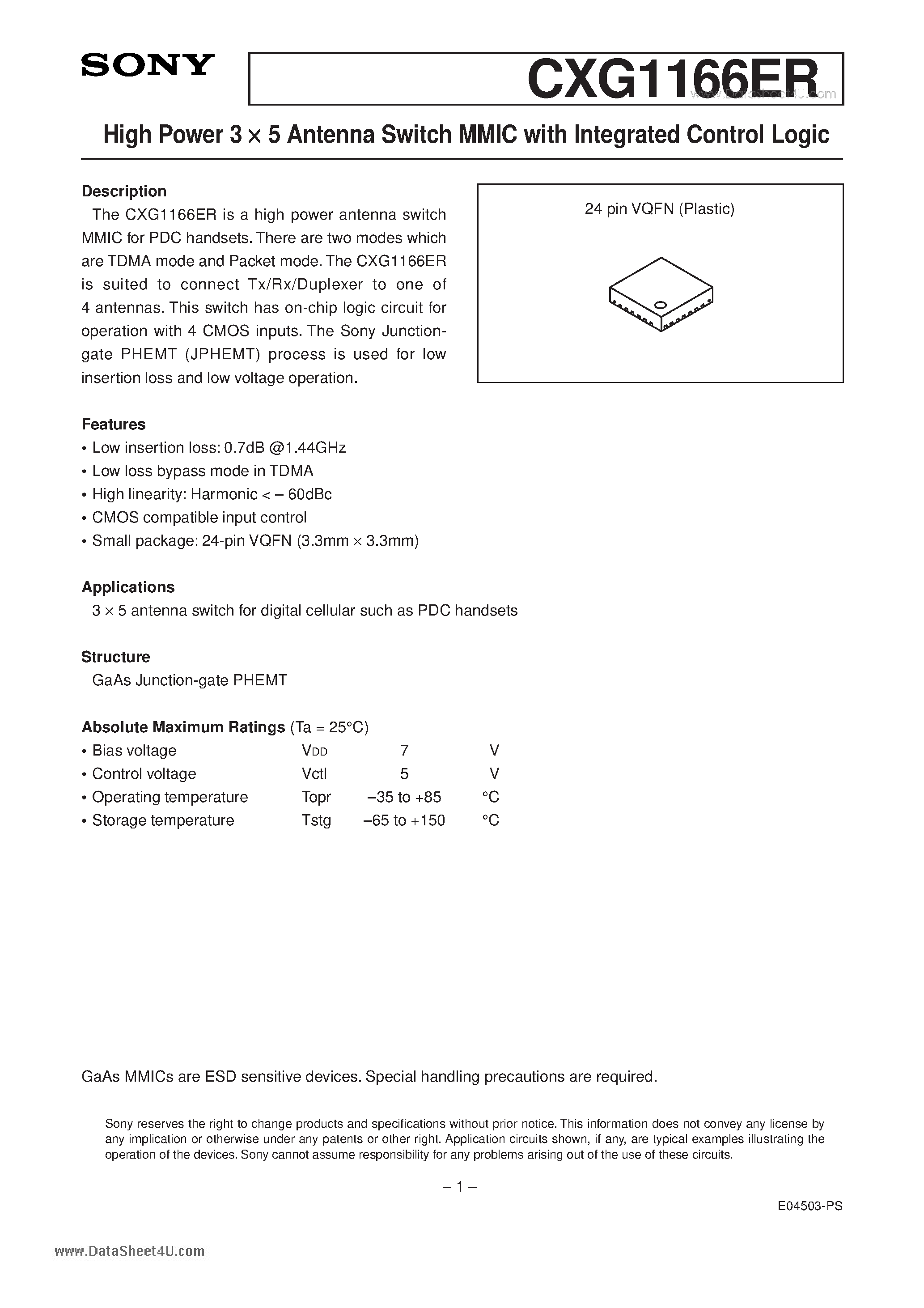 Datasheet CXG1166ER page 1 Datasheet CXG1166ER - High Power 3 x 5 Antenna Switch MMIC page 1