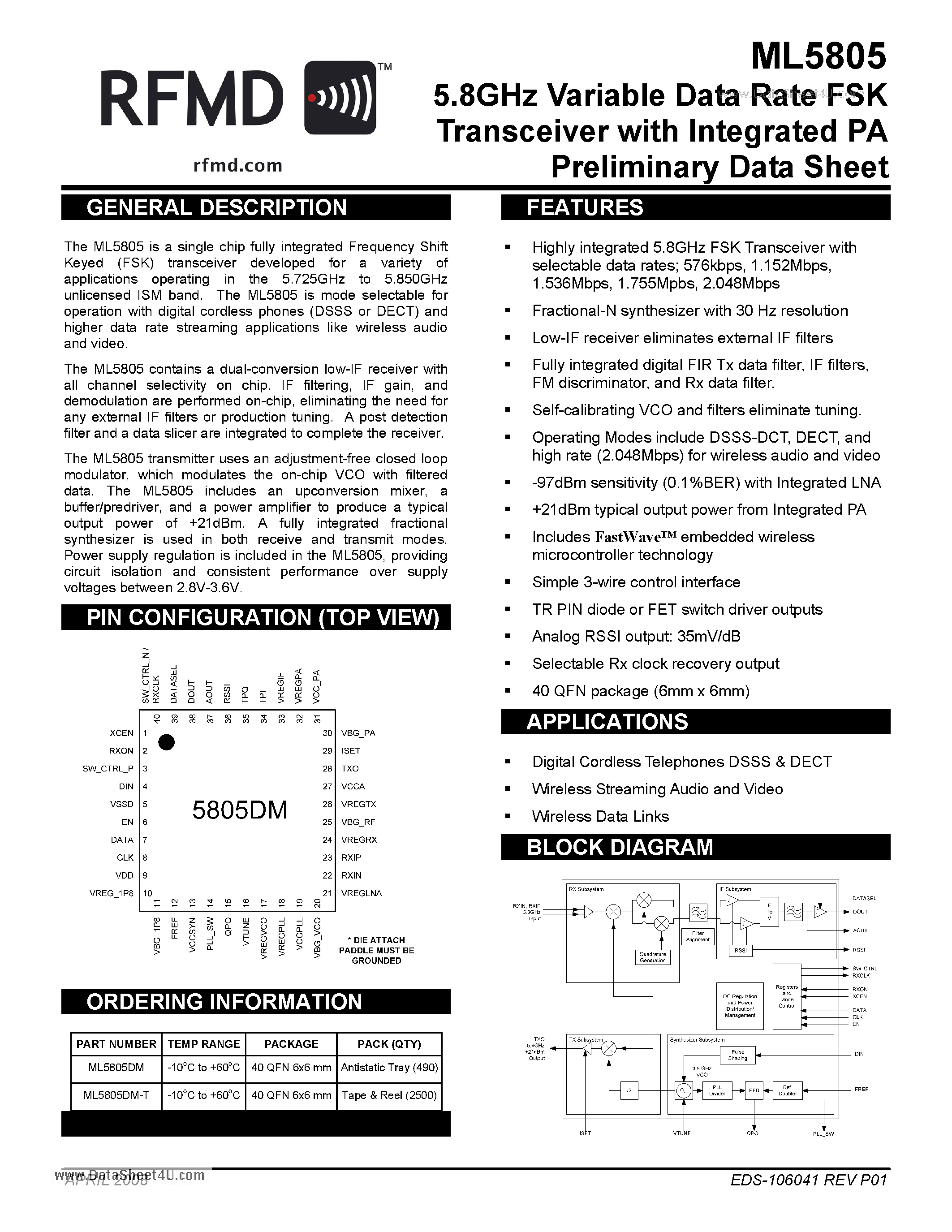 Datasheet ML5805 - 5.8GHz Variable Data Rate FSK Transceiver page 1