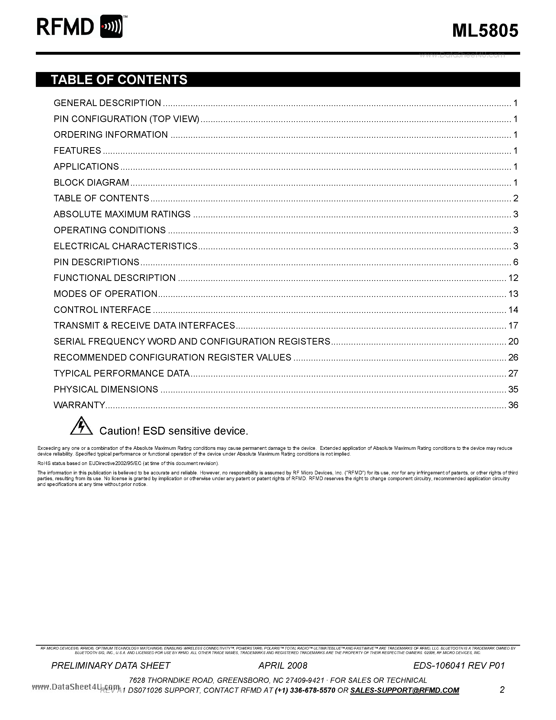 Datasheet ML5805 - 5.8GHz Variable Data Rate FSK Transceiver page 2
