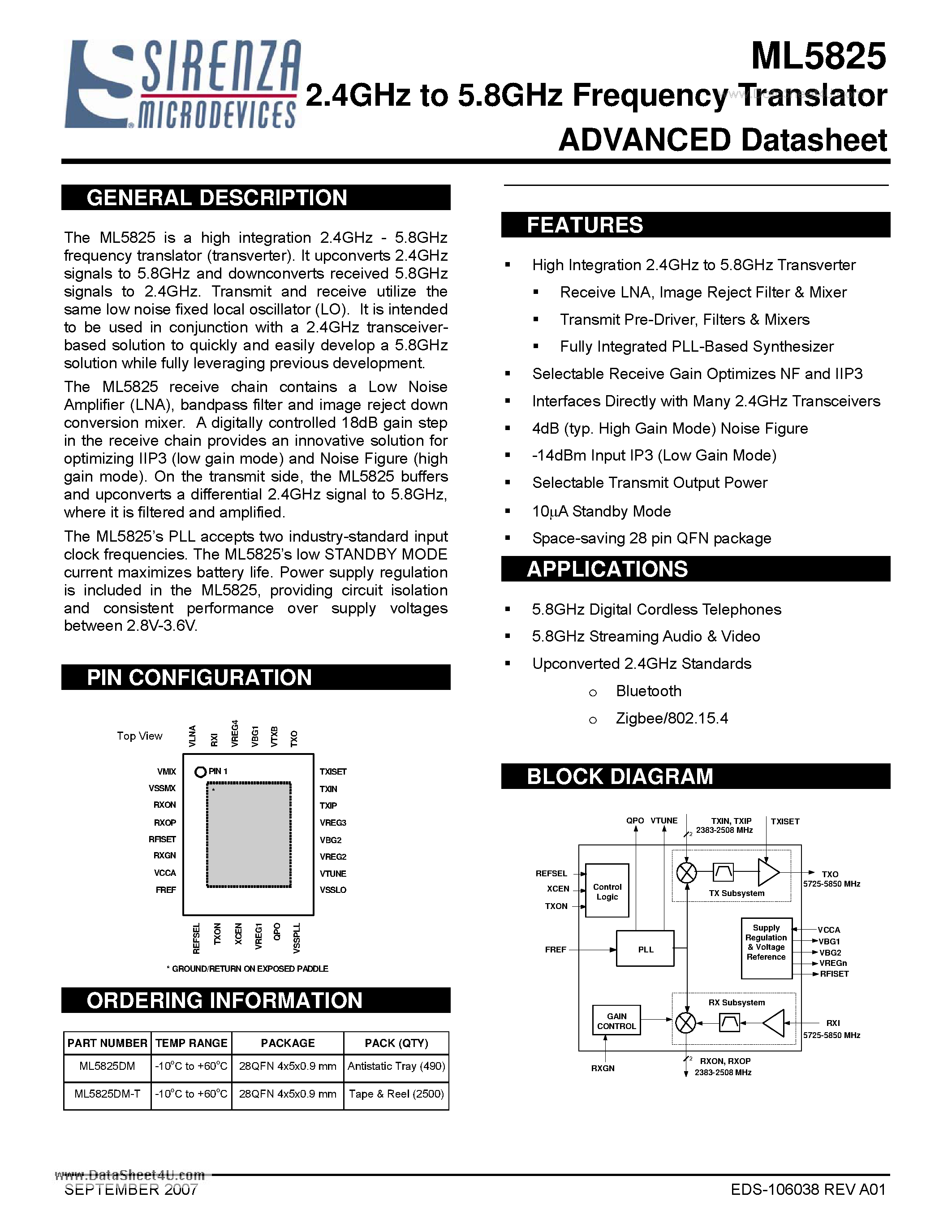 Datasheet ML5825 - 2.4GHz to 5.8GHz Frequency Translator page 1