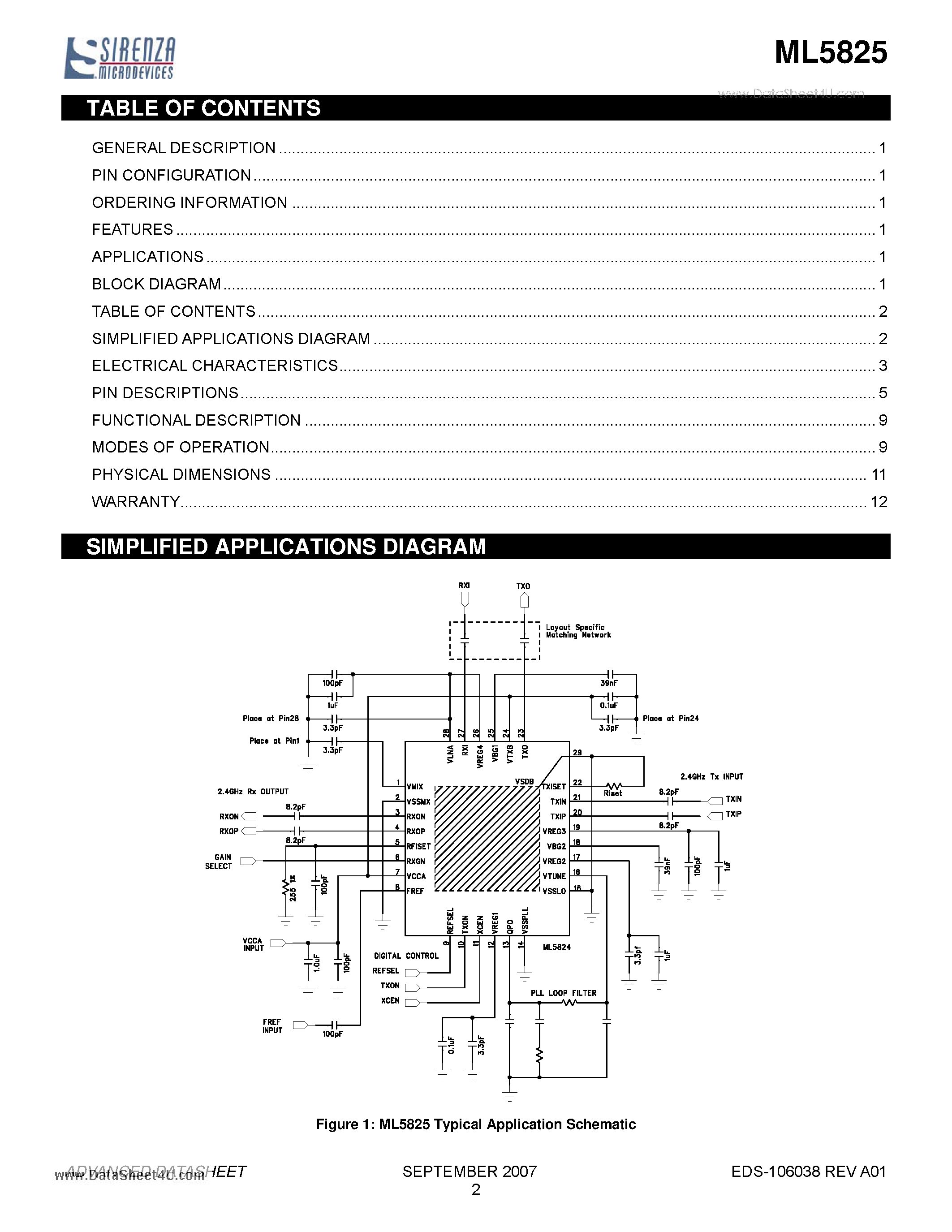 Datasheet ML5825 - 2.4GHz to 5.8GHz Frequency Translator page 2