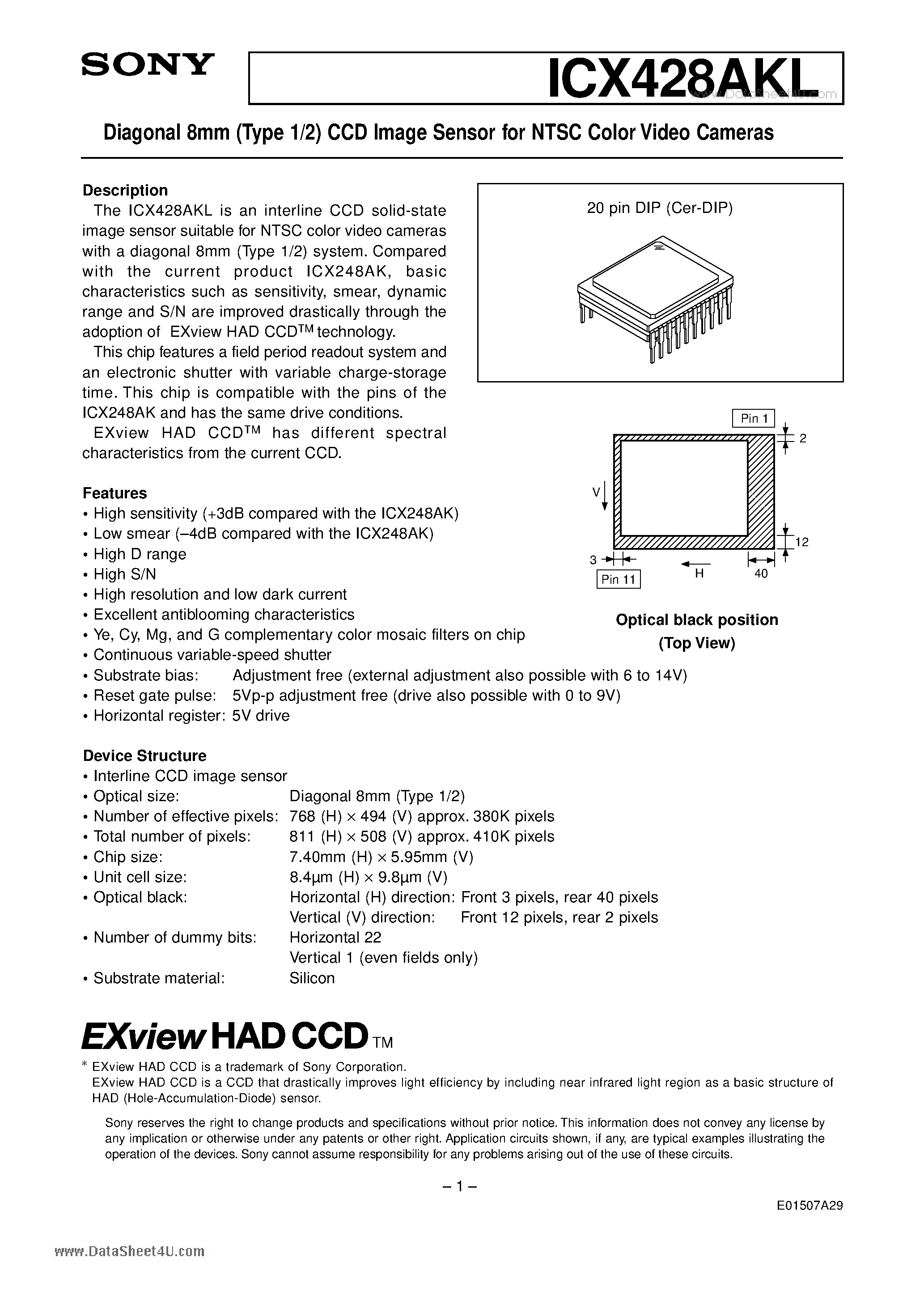 Datasheet ICX428AKL - Diagonal 8mm (Type 1/2) CCD Image Sensor page 1