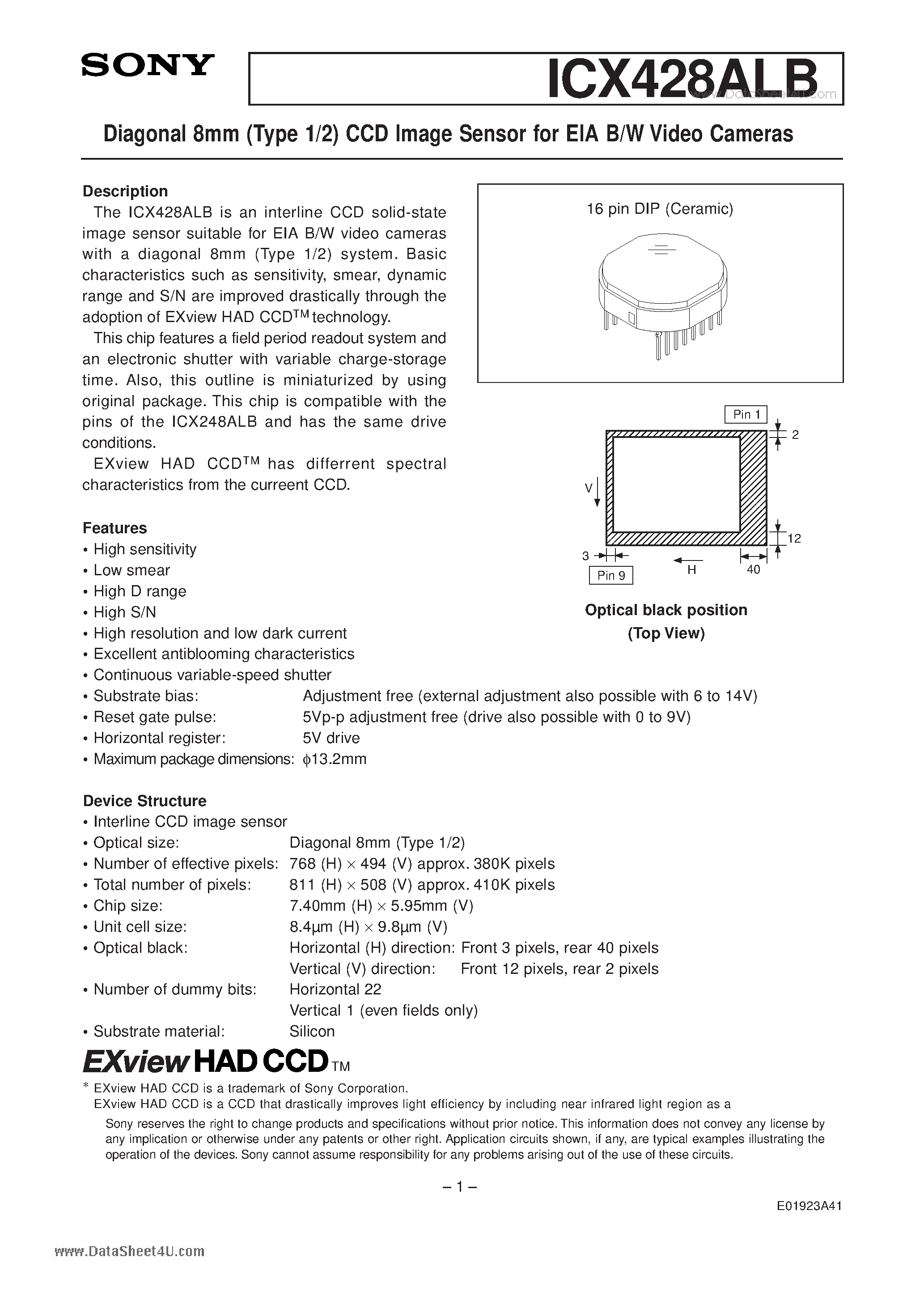 Datasheet ICX428ALB page 1 Datasheet ICX428ALB - Diagonal 8mm (Type 1/2) CCD Image Sensor page 1