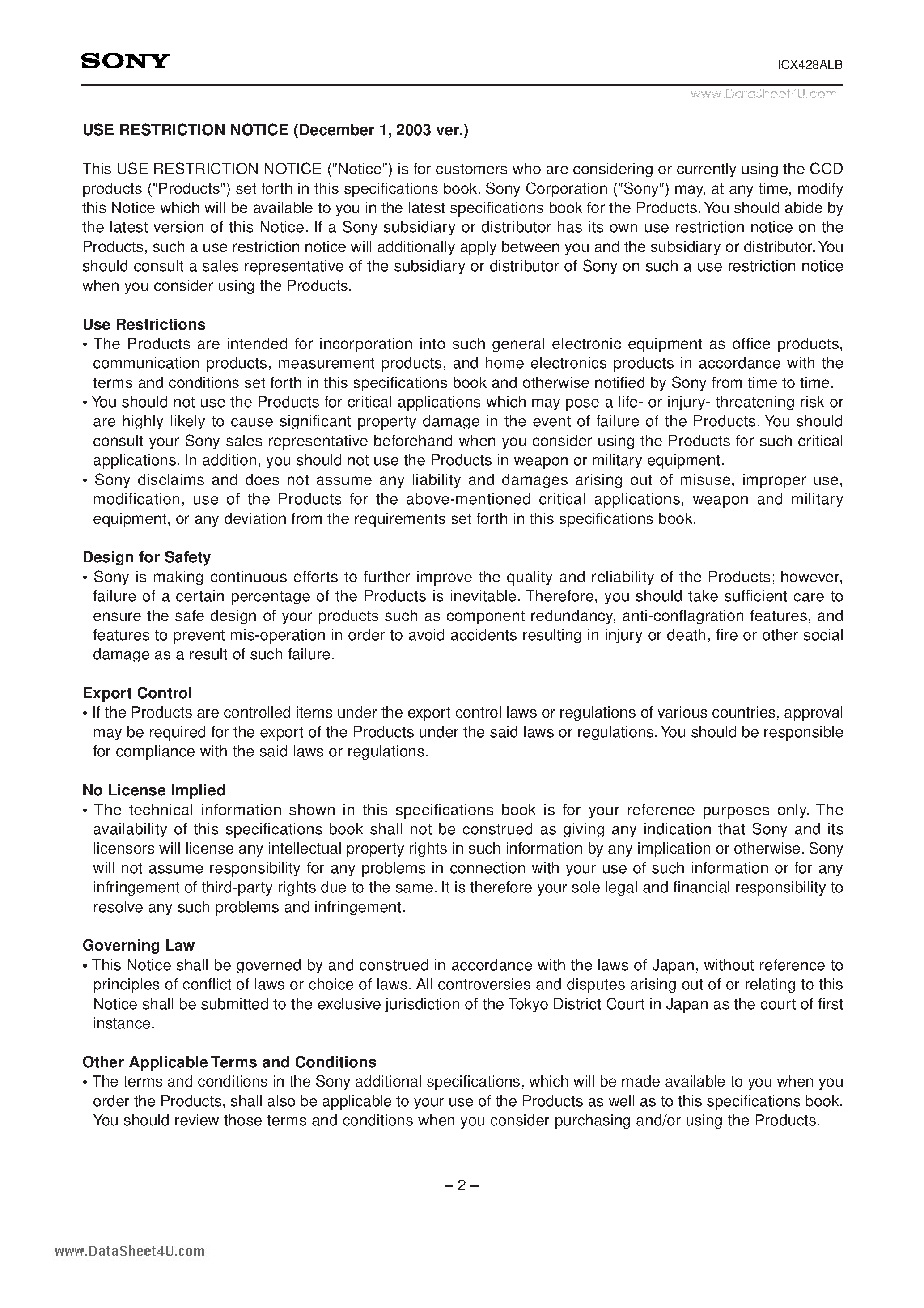 Datasheet ICX428ALB page 2 Datasheet ICX428ALB - Diagonal 8mm (Type 1/2) CCD Image Sensor page 2