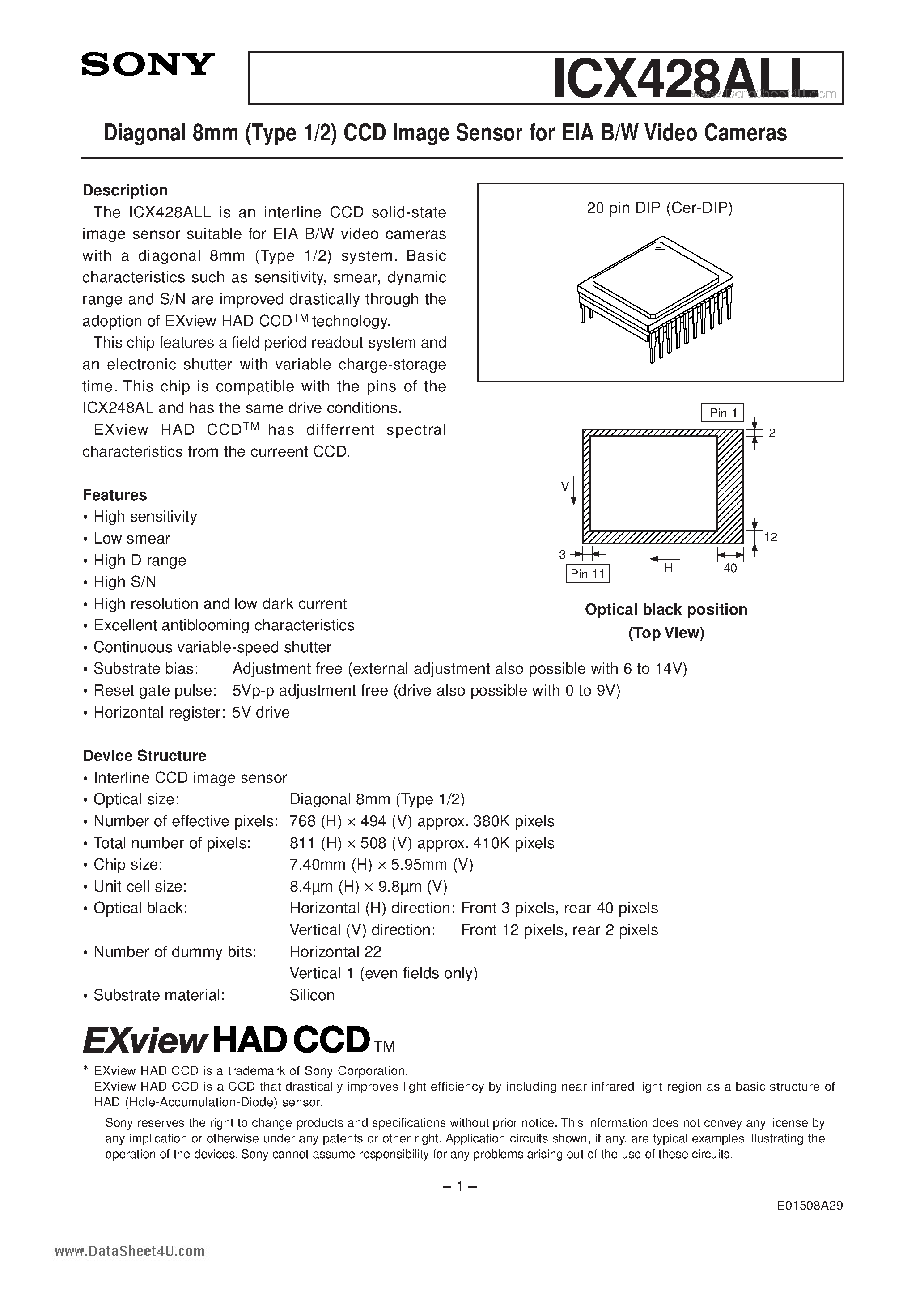 Datasheet ICX428ALL - Diagonal 8mm (Type 1/2) CCD Image Sensor page 1