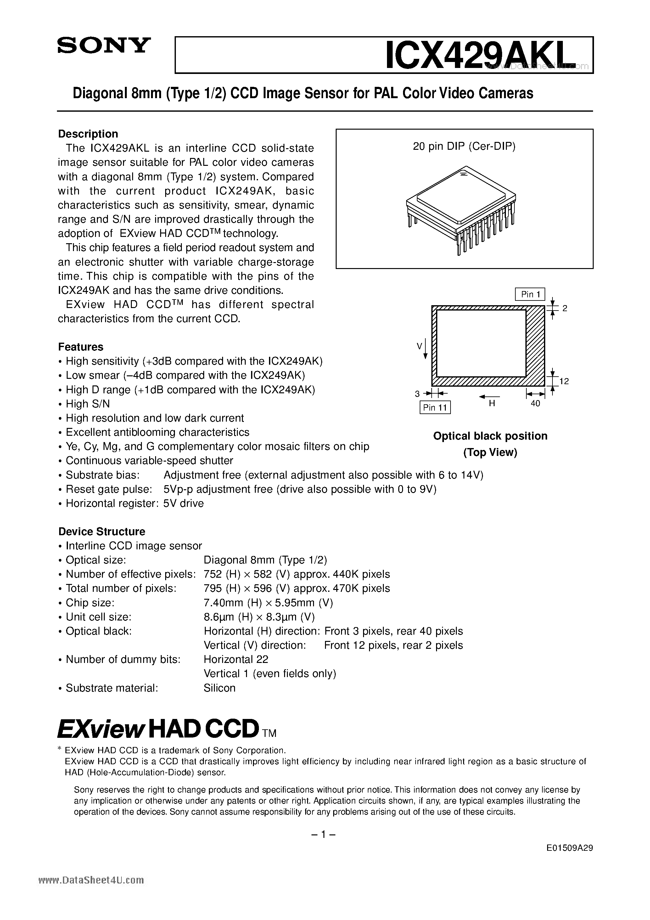 Datasheet ICX429AKL - Diagonal 8mm (Type 1/2) CCD Image Sensor page 1