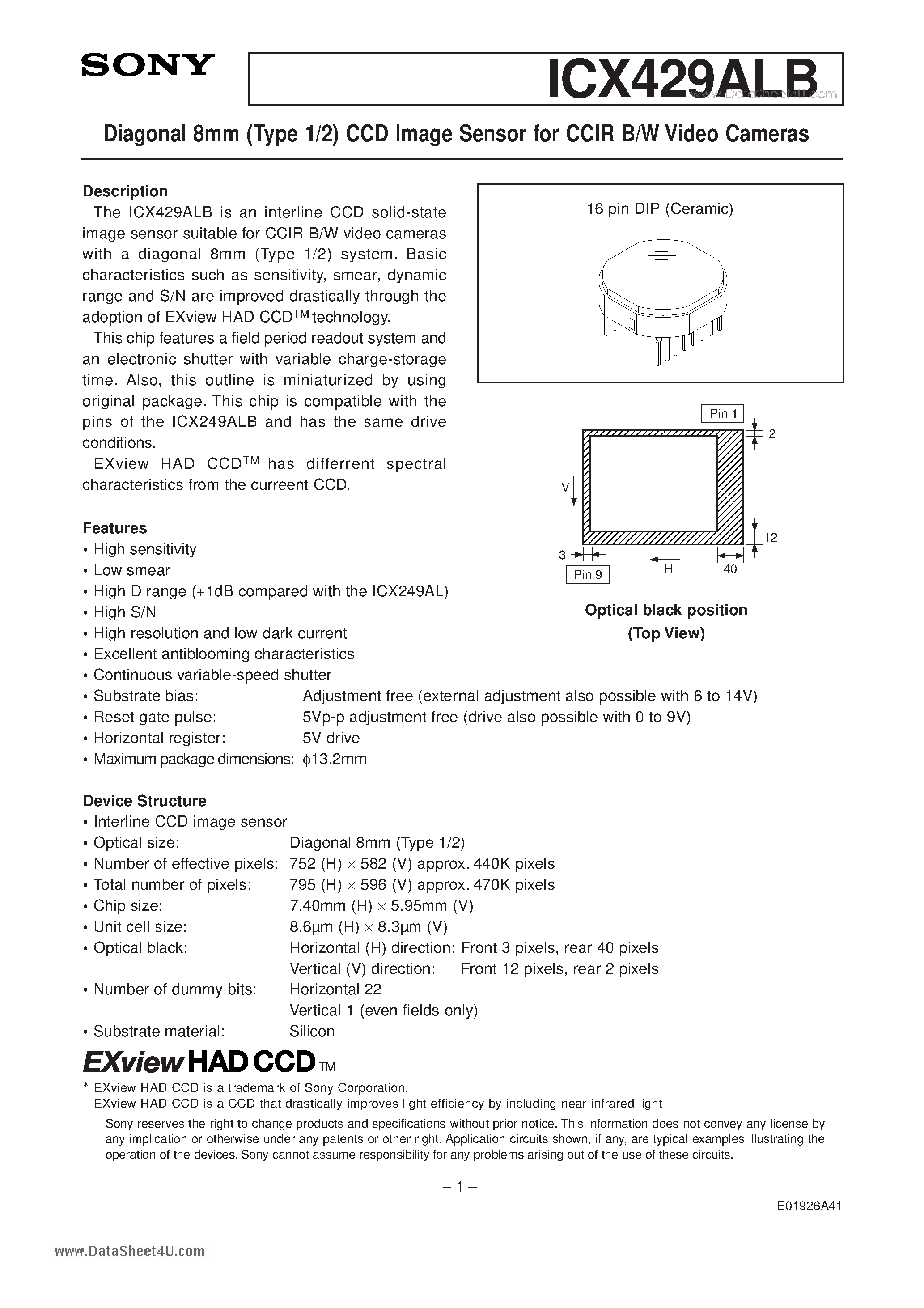 Даташит на микросхему ICX429ALB страница 1 Даташит ICX429ALB - Diagonal 8mm (Type 1/2) CCD Image Sensor страница 1