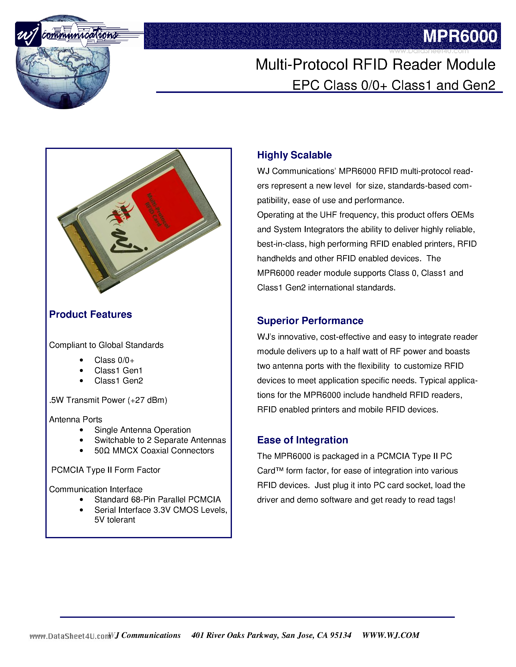 Datasheet MPR6000 - Multi-Protocol RFID Reader Module EPC Class 0/0 Class1 and Gen2 page 1
