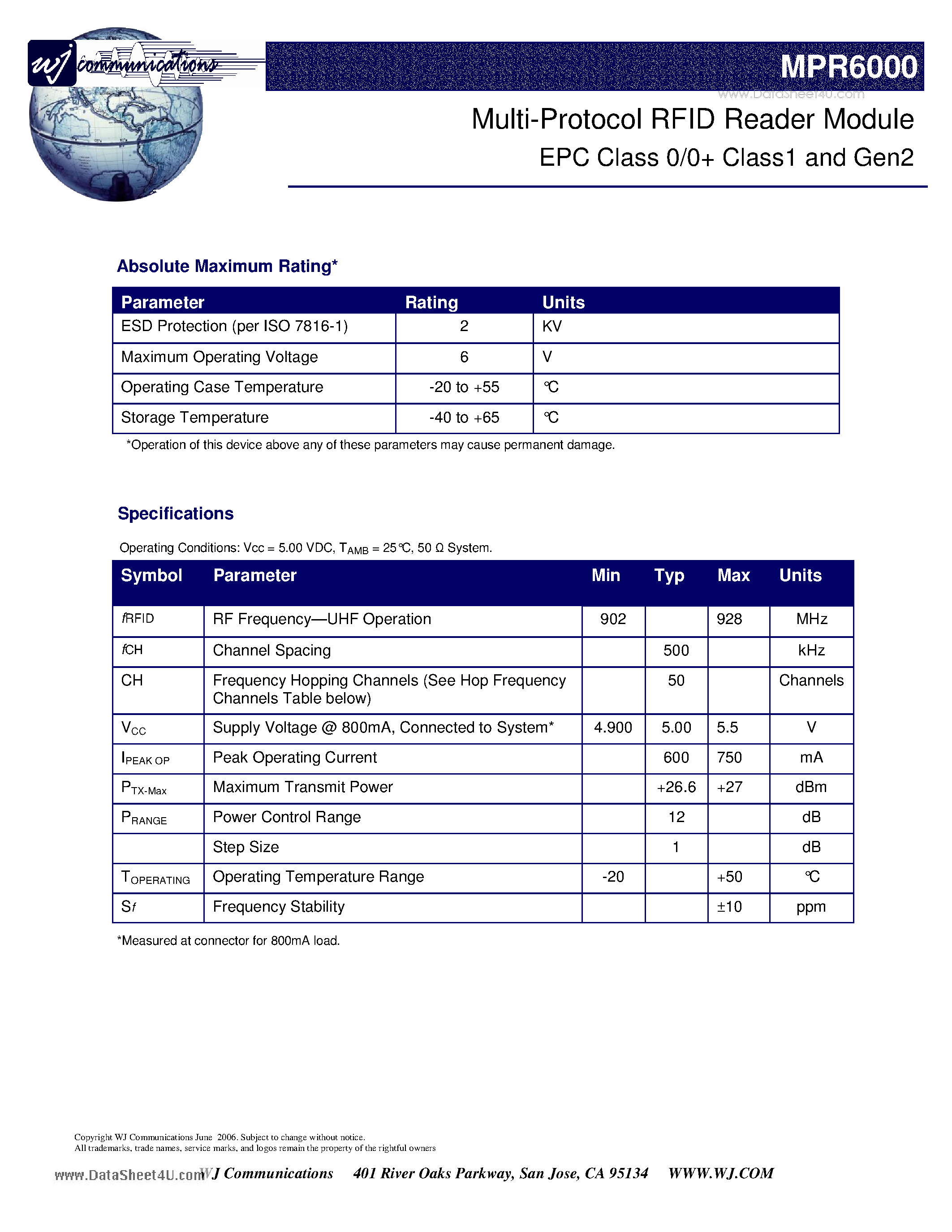 Datasheet MPR6000 - Multi-Protocol RFID Reader Module EPC Class 0/0 Class1 and Gen2 page 2