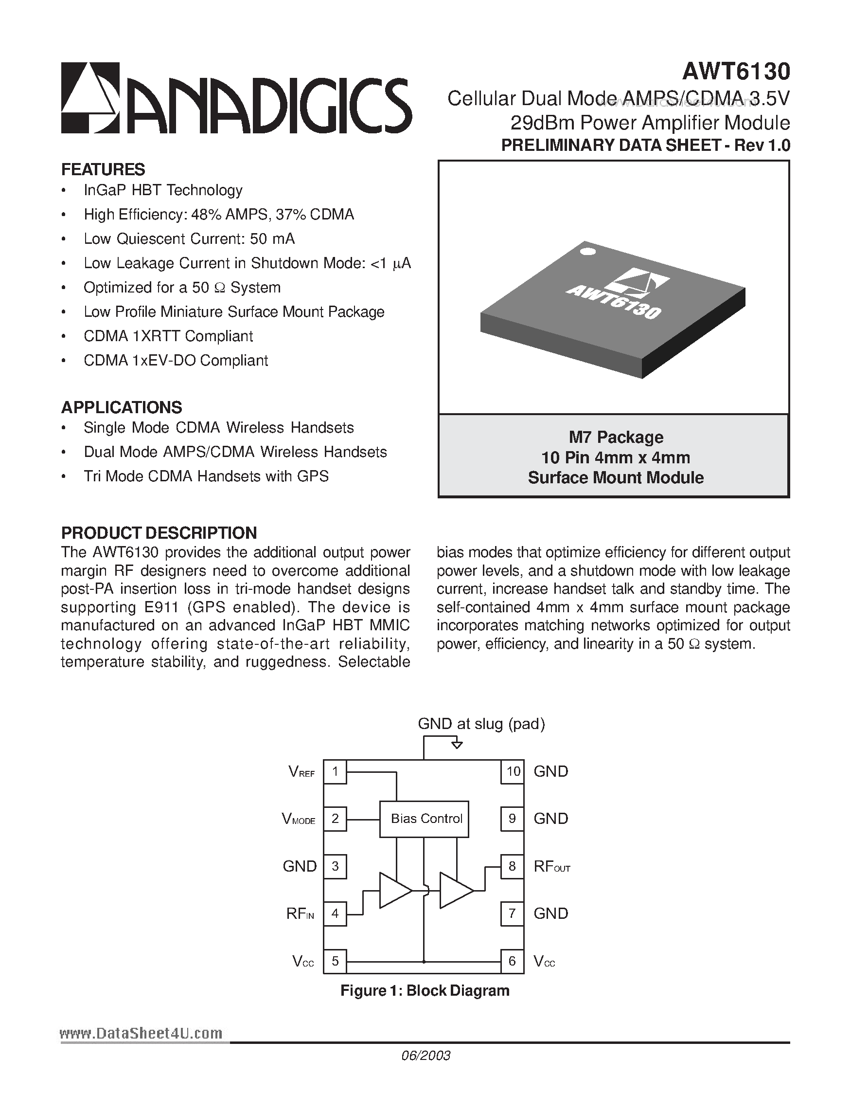 Datasheet AWT6130 page 1 Datasheet AWT6130 - Cellular Dual Mode AMPS/CDMA 3.5V 29dBm Power Amplifier Module page 1