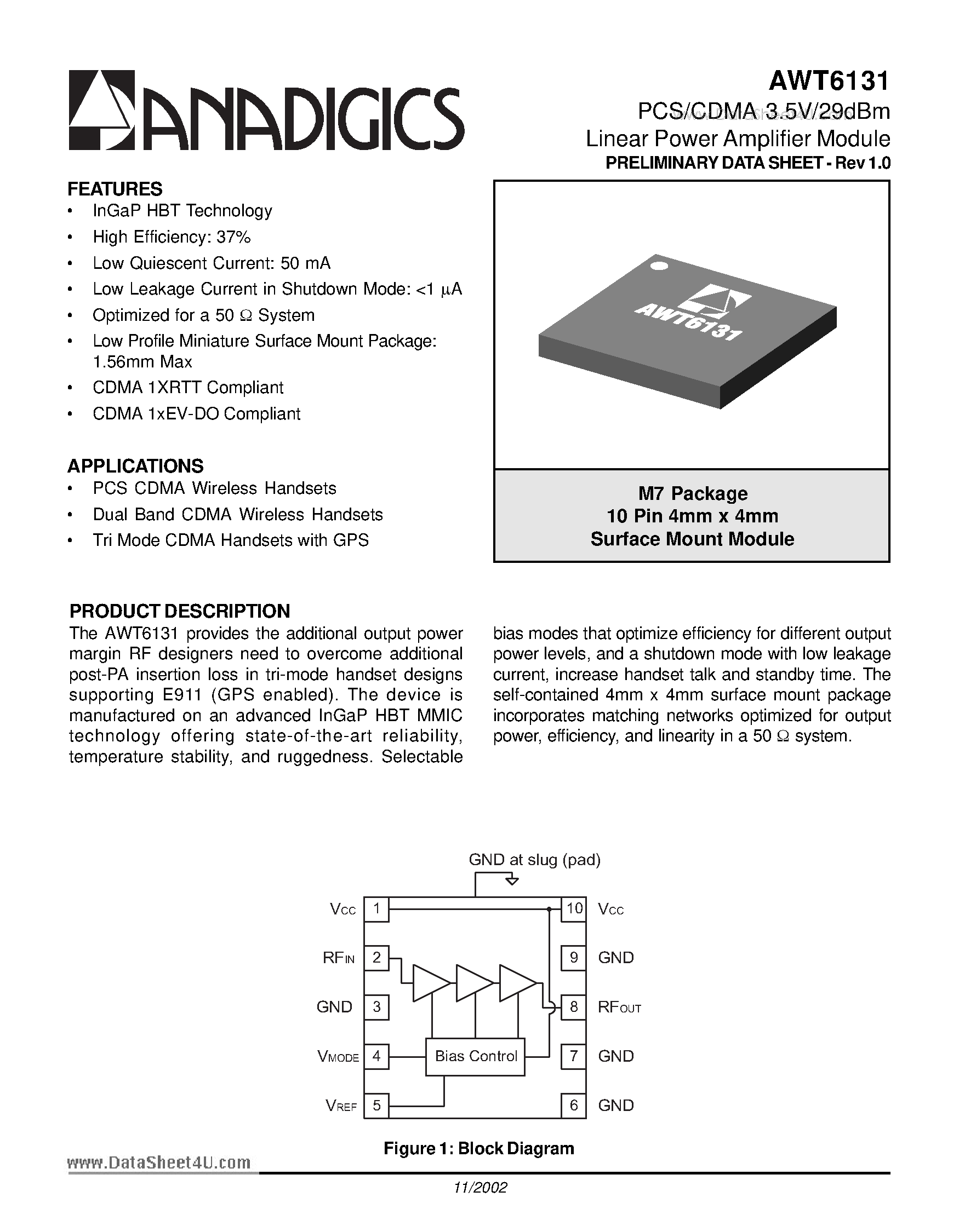 Datasheet AWT6131 page 1 Datasheet AWT6131 - PCS/CDMA 3.5V/29dBm Linear Power Amplifier Module page 1