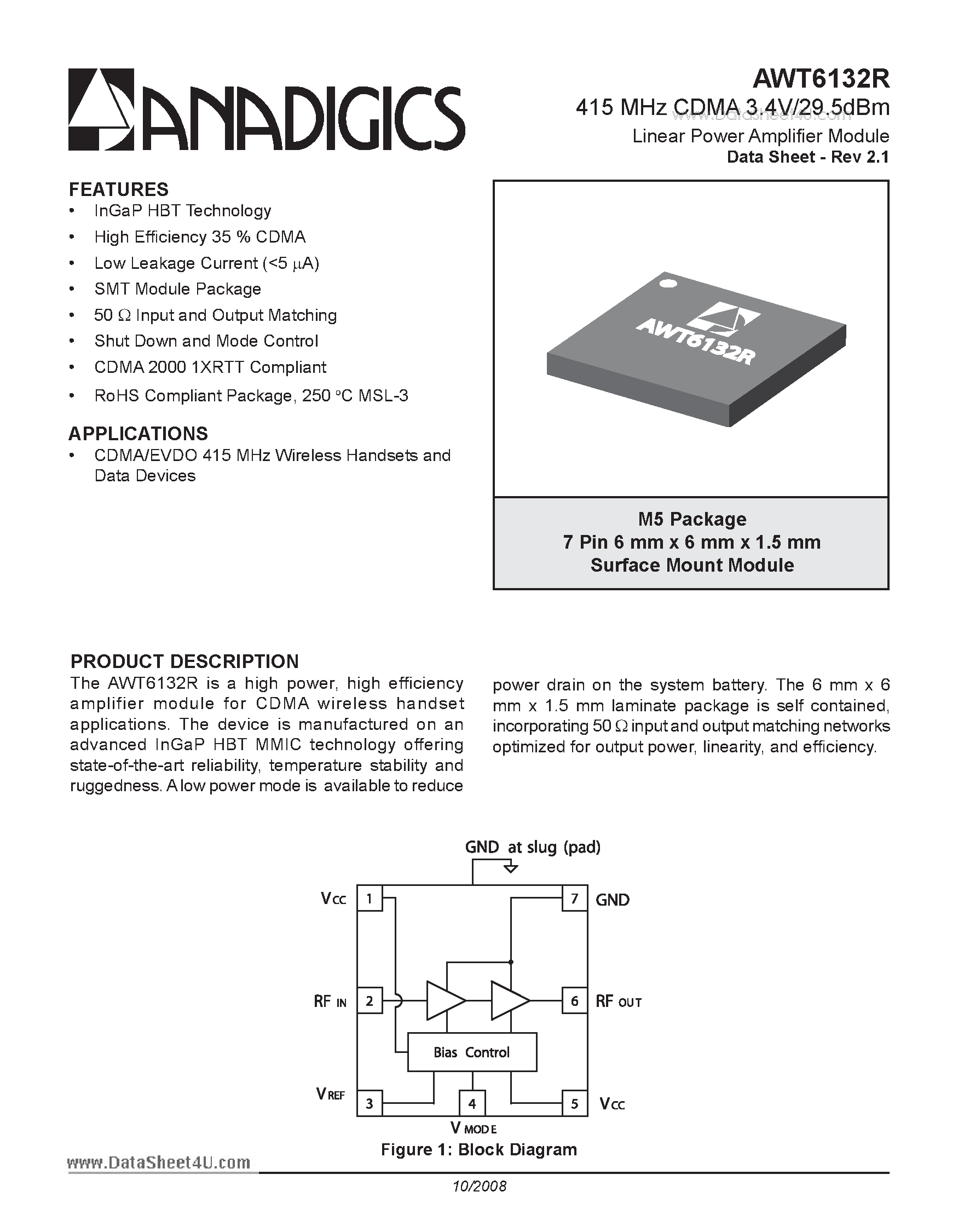 Datasheet AWT6132R page 1 Datasheet AWT6132R - 415 MHz CDMA 3.4V/29.5dBm Linear Power Amplifier Module page 1