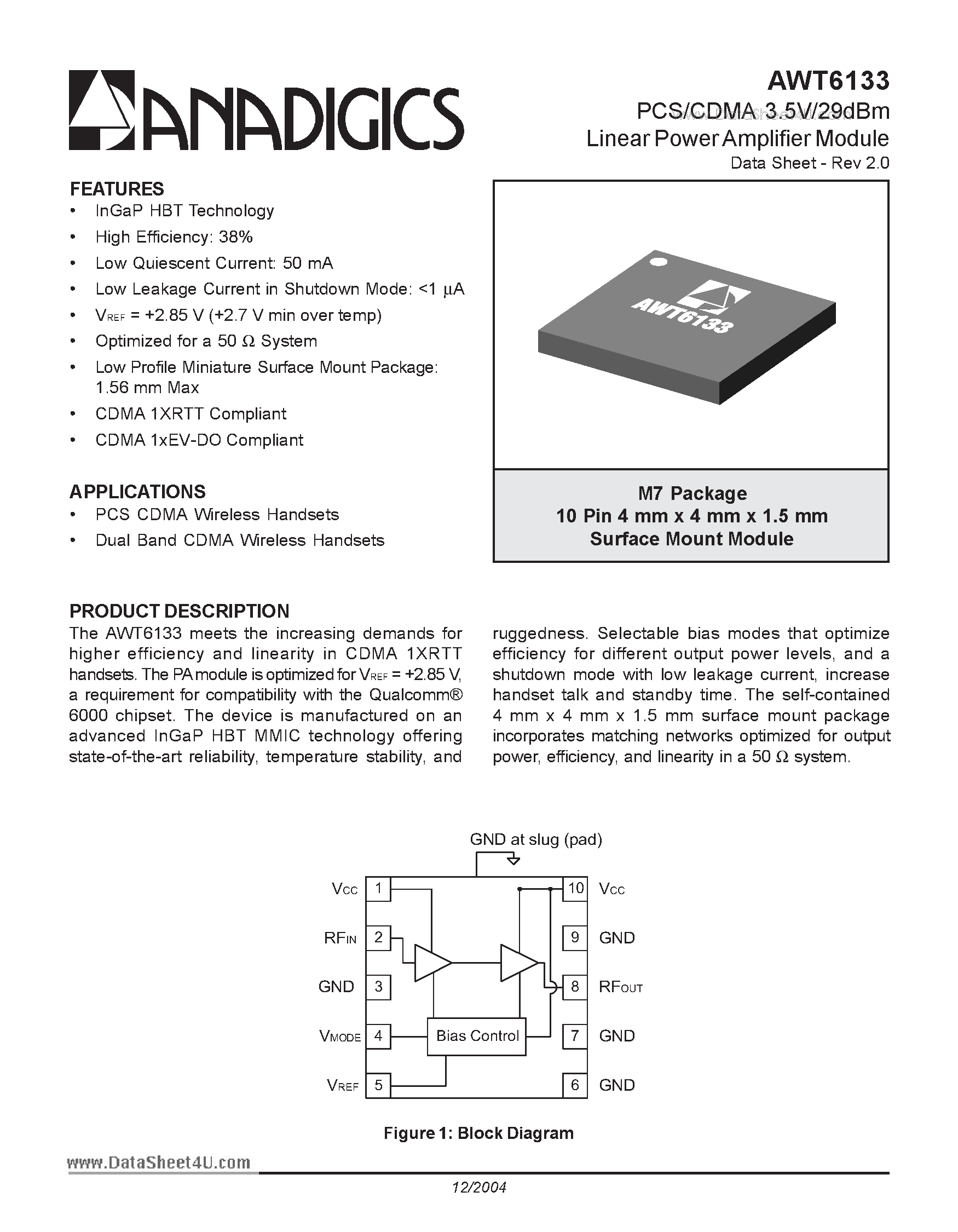 Datasheet AWT6133 page 1 Datasheet AWT6133 - PCS/CDMA 3.5V/29dBm Linear Power Amplifier Module page 1
