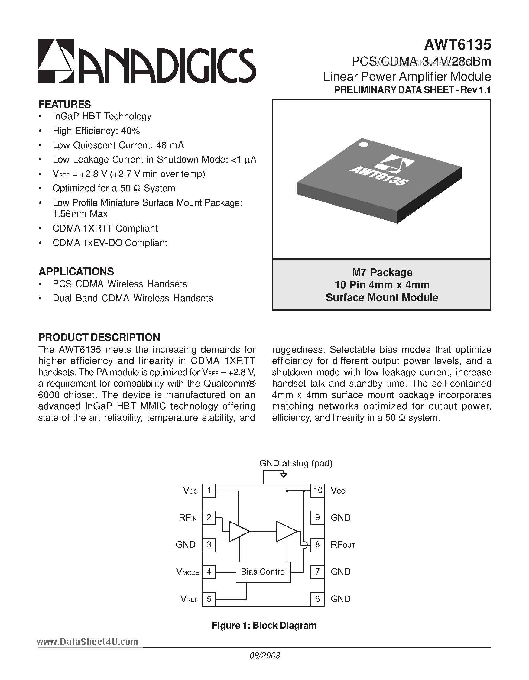 Datasheet AWT6135 page 1 Datasheet AWT6135 - PCS/CDMA 3.4V/28dBm Linear Power Amplifier Module page 1