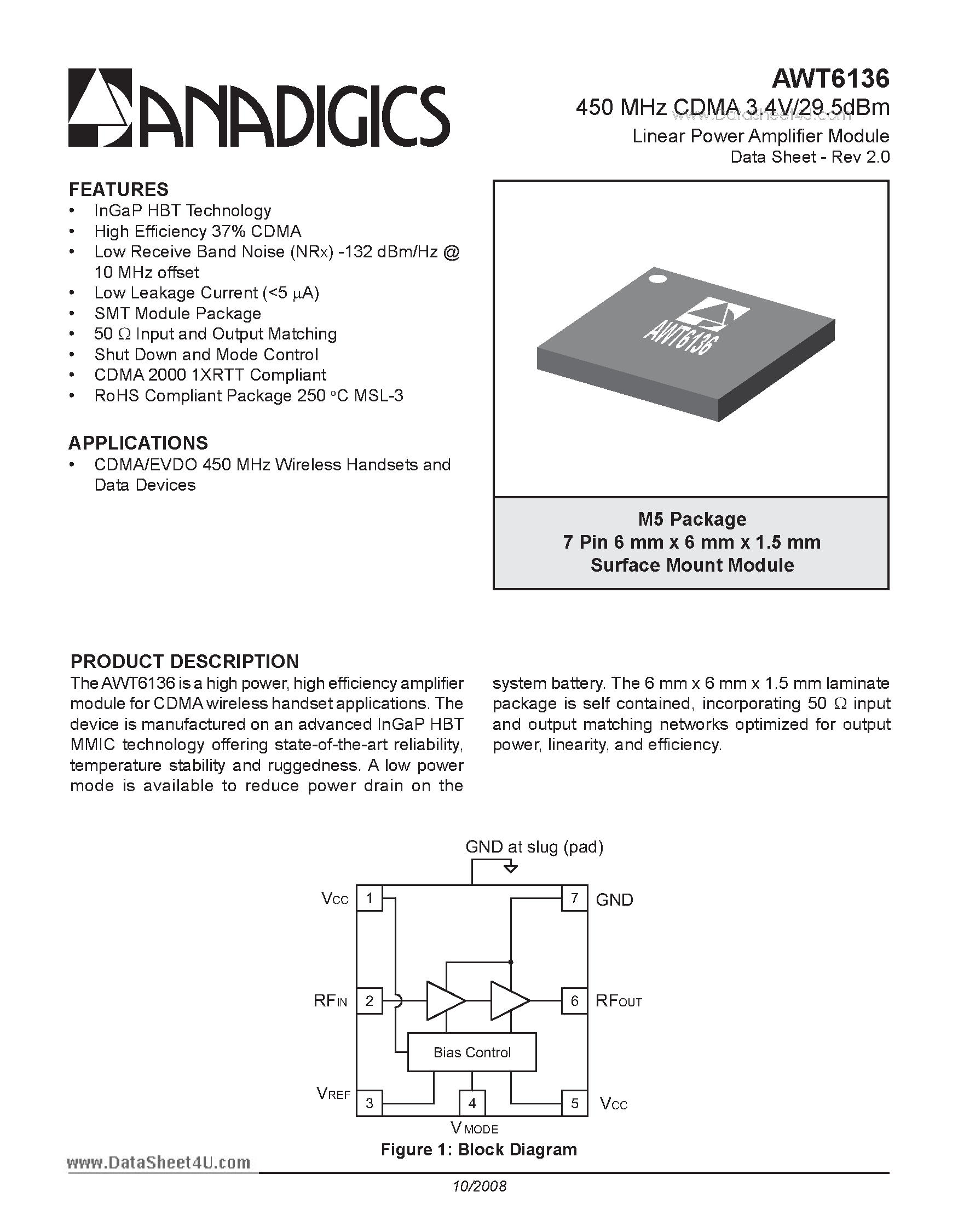 Datasheet AWT6136 page 1 Datasheet AWT6136 - 450 MHz CDMA 3.4V/29.5dBm Linear Power Amplifier Module page 1