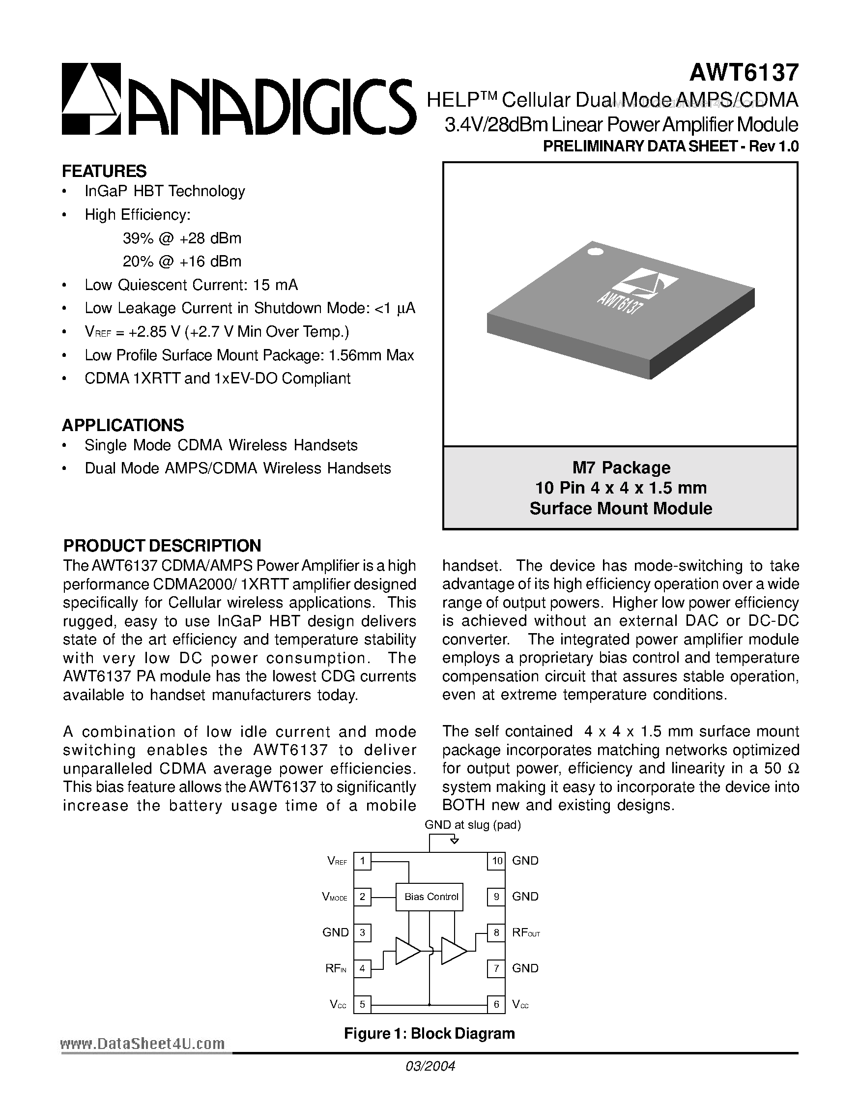 Datasheet AWT6137 page 1 Datasheet AWT6137 - HELP Cellular Dual Mode AMPS/CDMA 3.4V/28dBm Linear Power Amplifier Module page 1