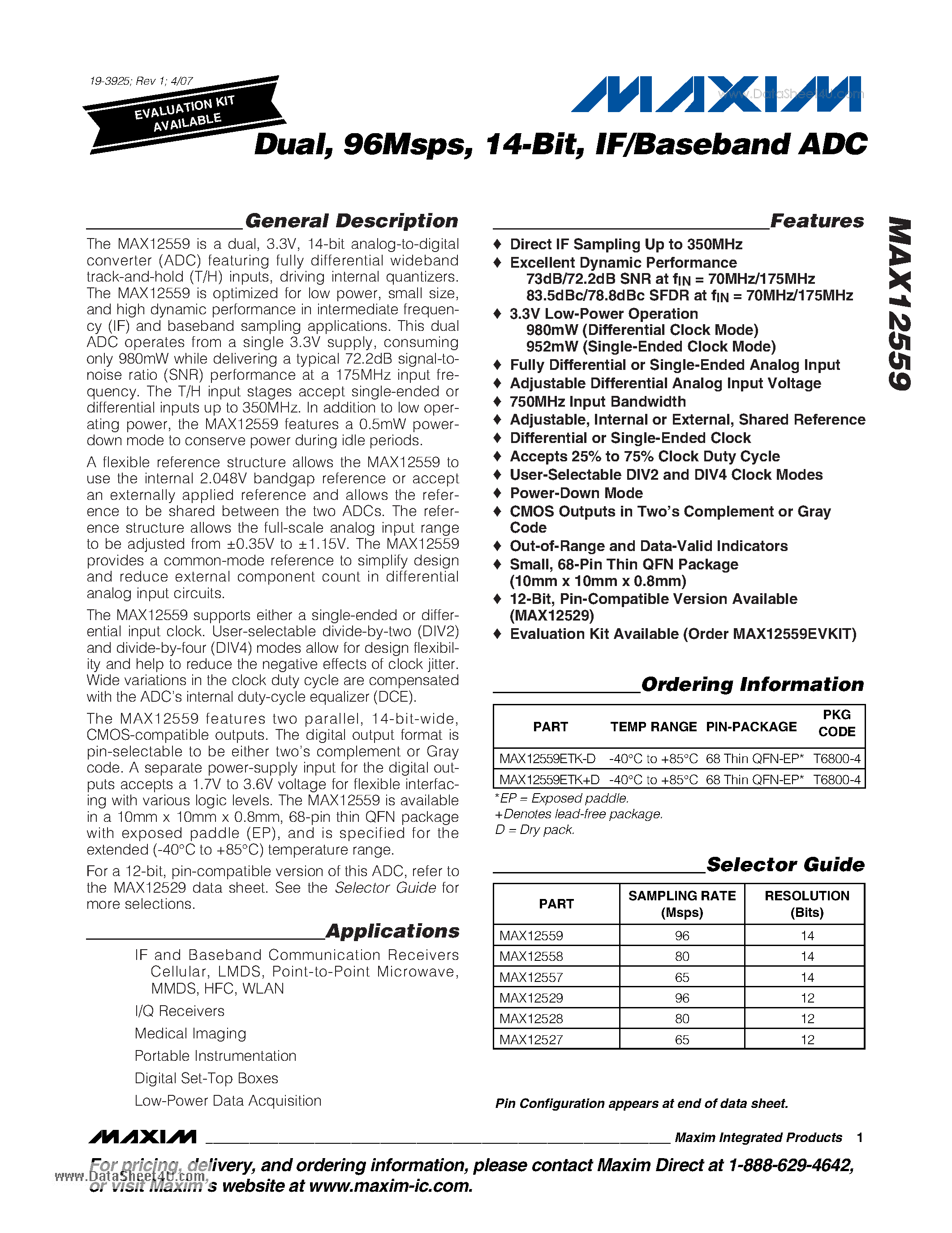 Datasheet MAX12559 - Dual 96Msps 14-Bit IF/Baseband ADC page 1