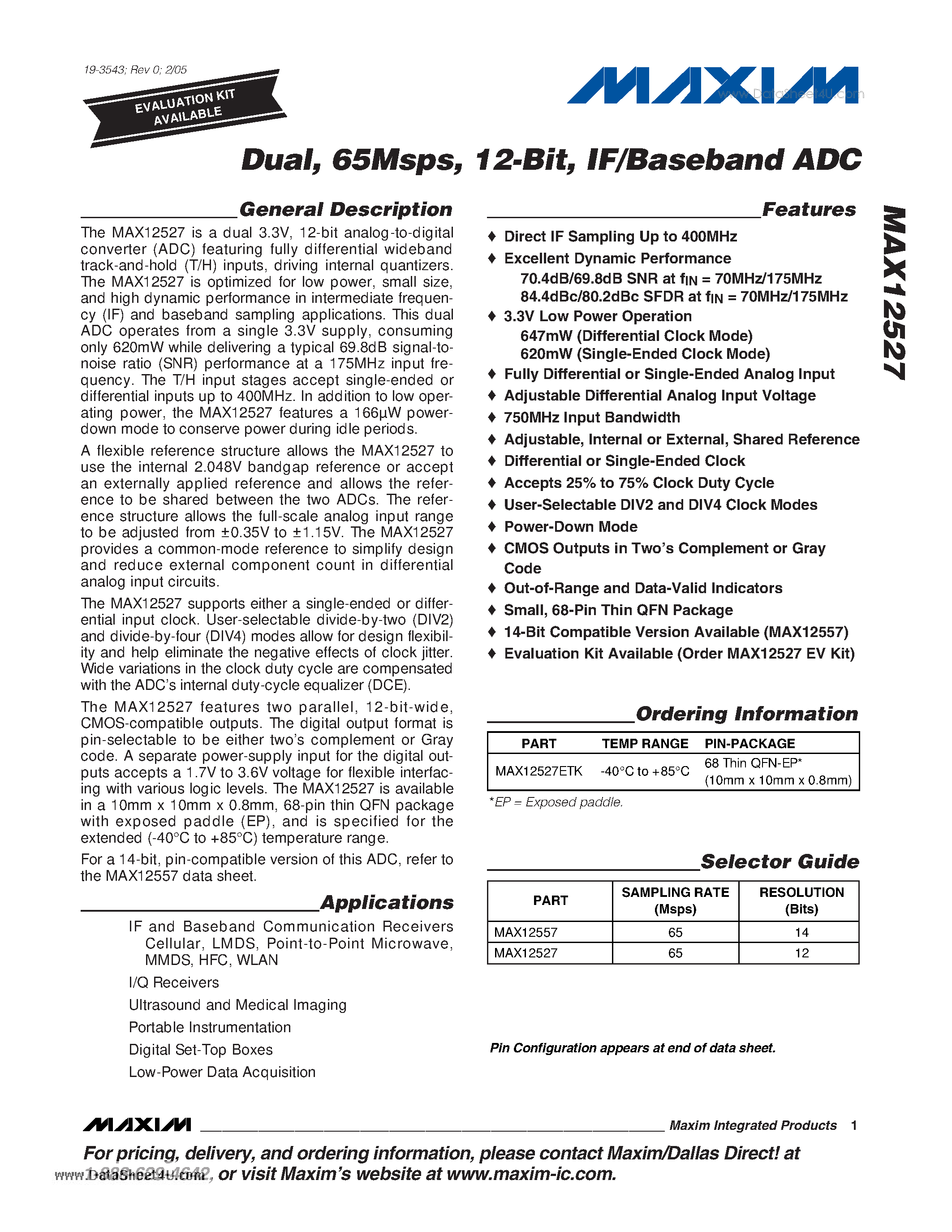 Datasheet MAX12527 - Dual 65Msps 12-Bit IF/Baseband ADC page 1
