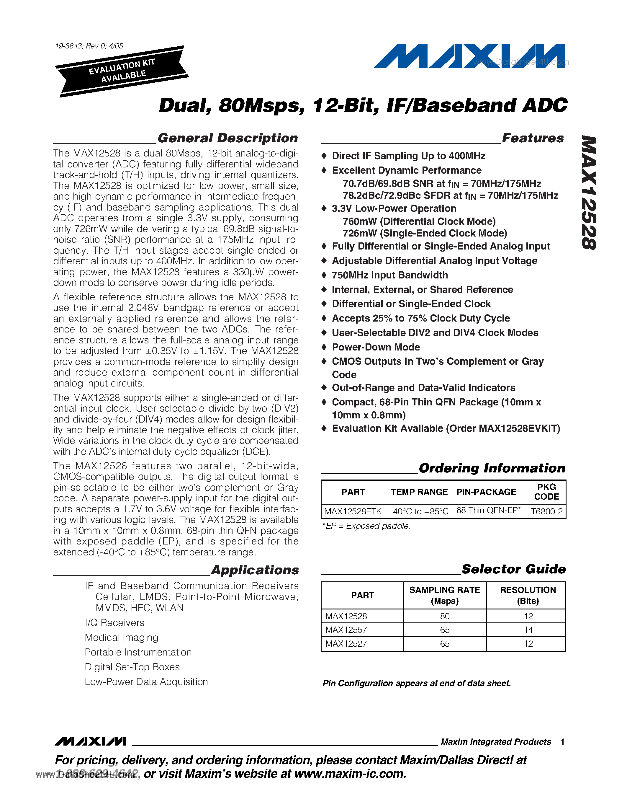 Datasheet MAX12528 - Dual 80Msps 12-Bit IF/Baseband ADC page 1