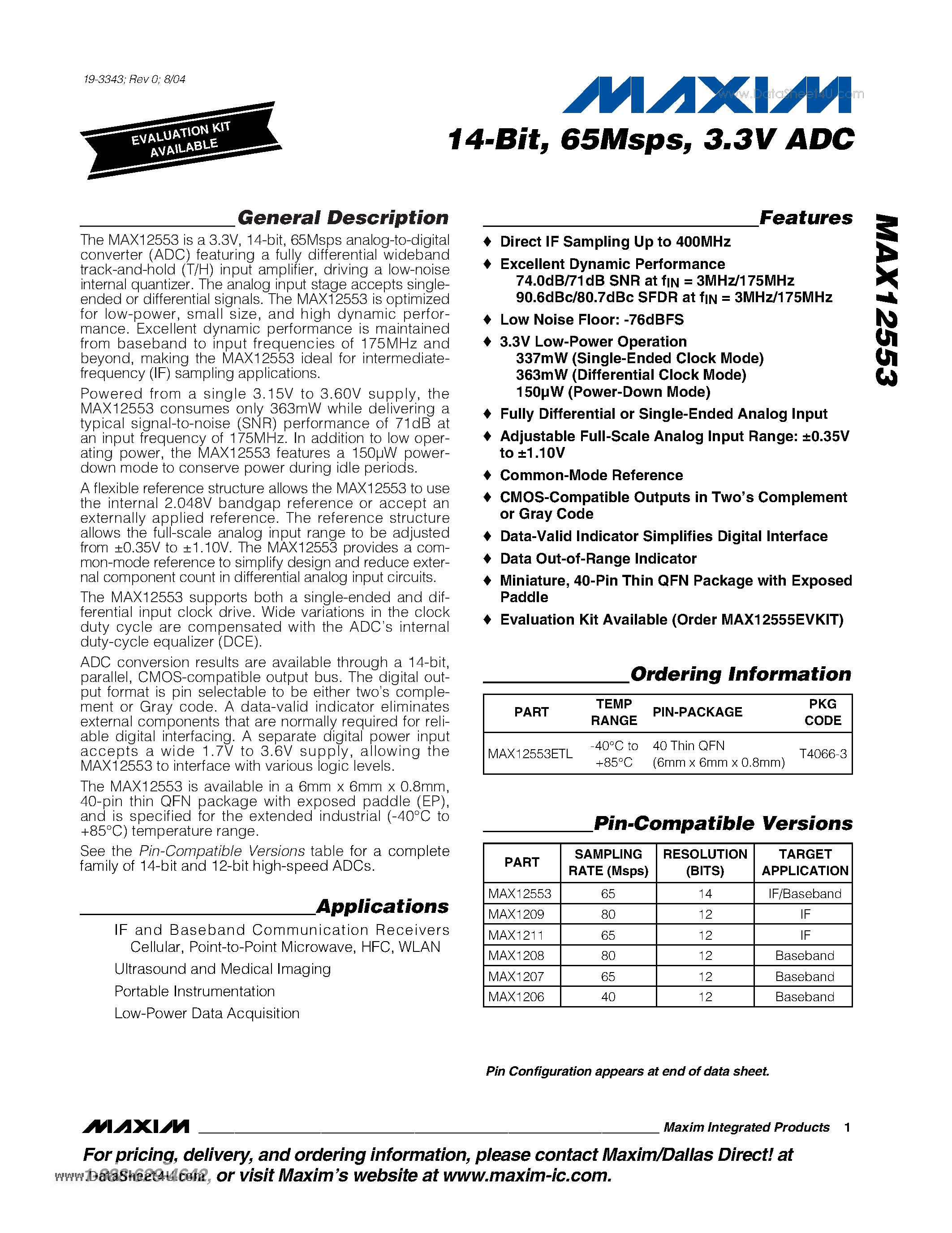Datasheet MAX12553 - 14-Bit 65Msps 3.3V ADC page 1