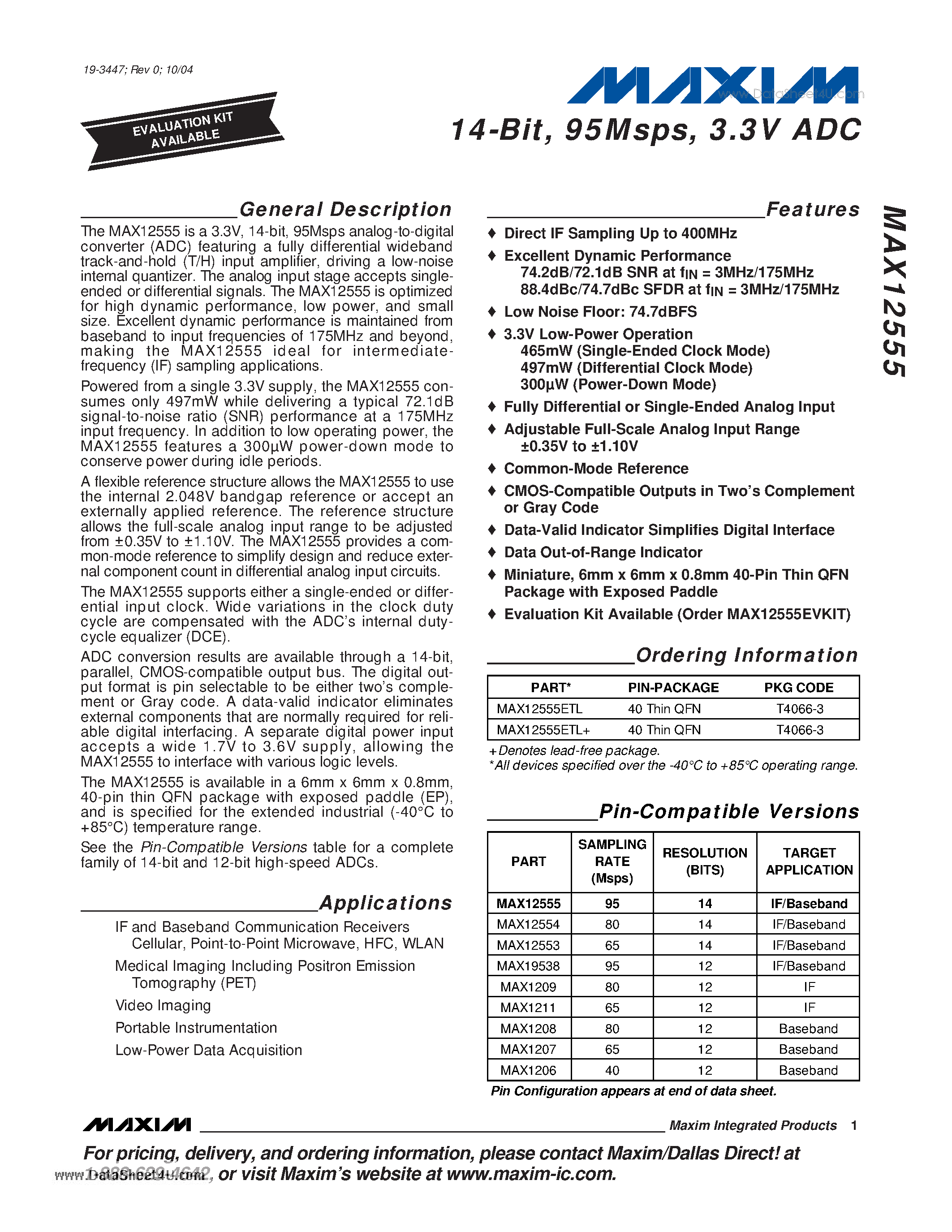 Datasheet MAX12555 - 14-Bit 95Msps 3.3V ADC page 1