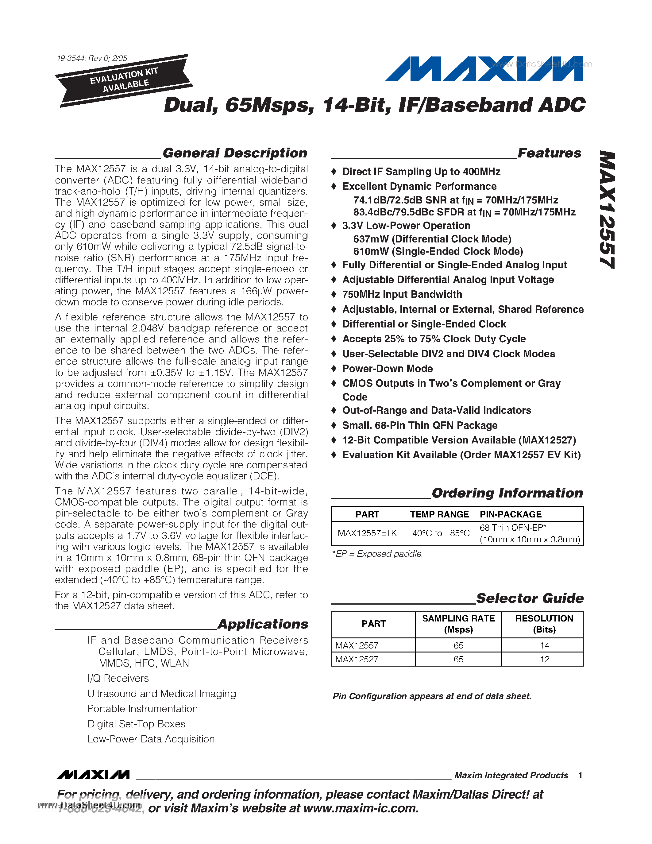 Datasheet MAX12557 - Dual 65Msps 14-Bit IF/Baseband ADC page 1