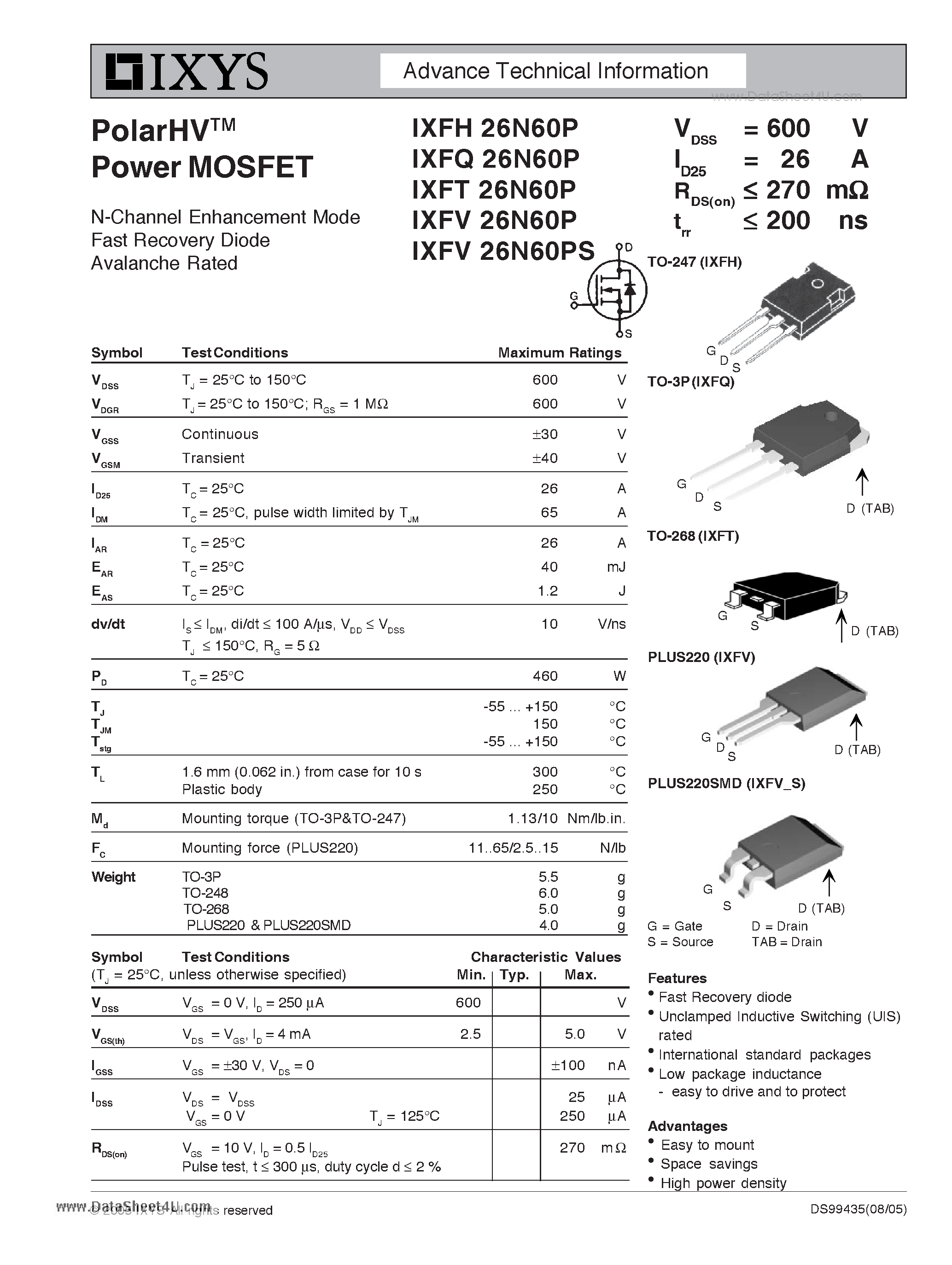 Datasheet IXFH26N60P - N-Channel Enhancement Mode Fast Recovery Diode Avalanche Rated page 1