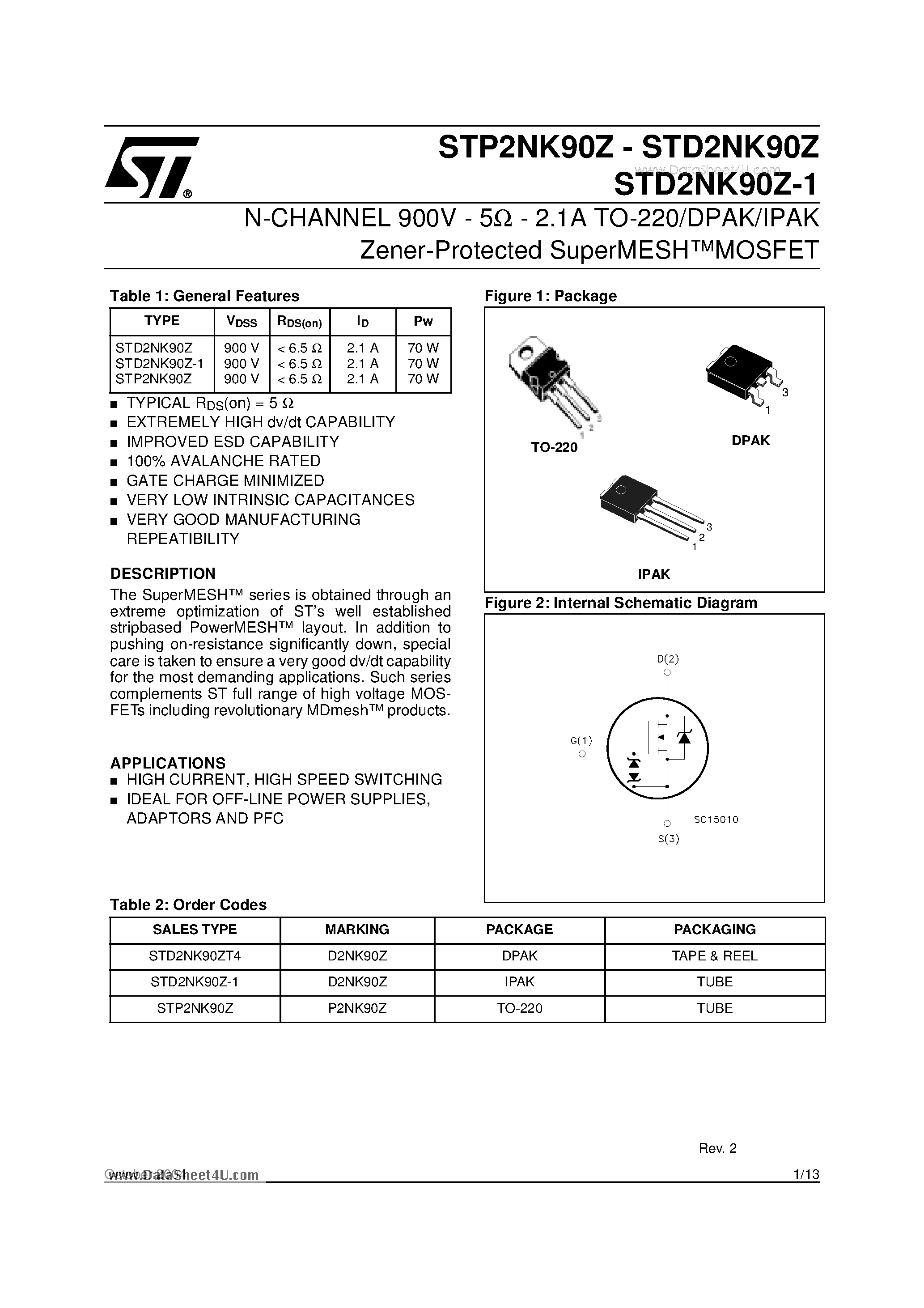 Даташит на микросхему STP2NK90Z страница 1 Даташит STP2NK90Z - N-CHANNEL 900V-5W-2.1A TO-220/DPAK/IPAK Zener-Protected SuperMESHTM MOSFET страница 1