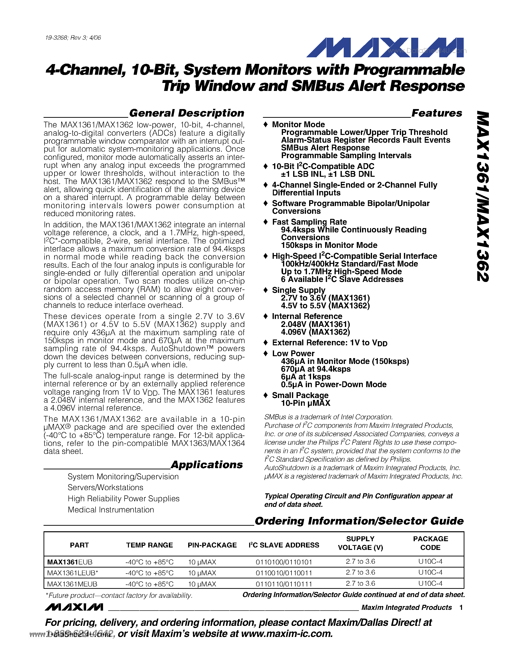 Datasheet MAX1361 - 4-Channel 10-Bit System Monitors page 1
