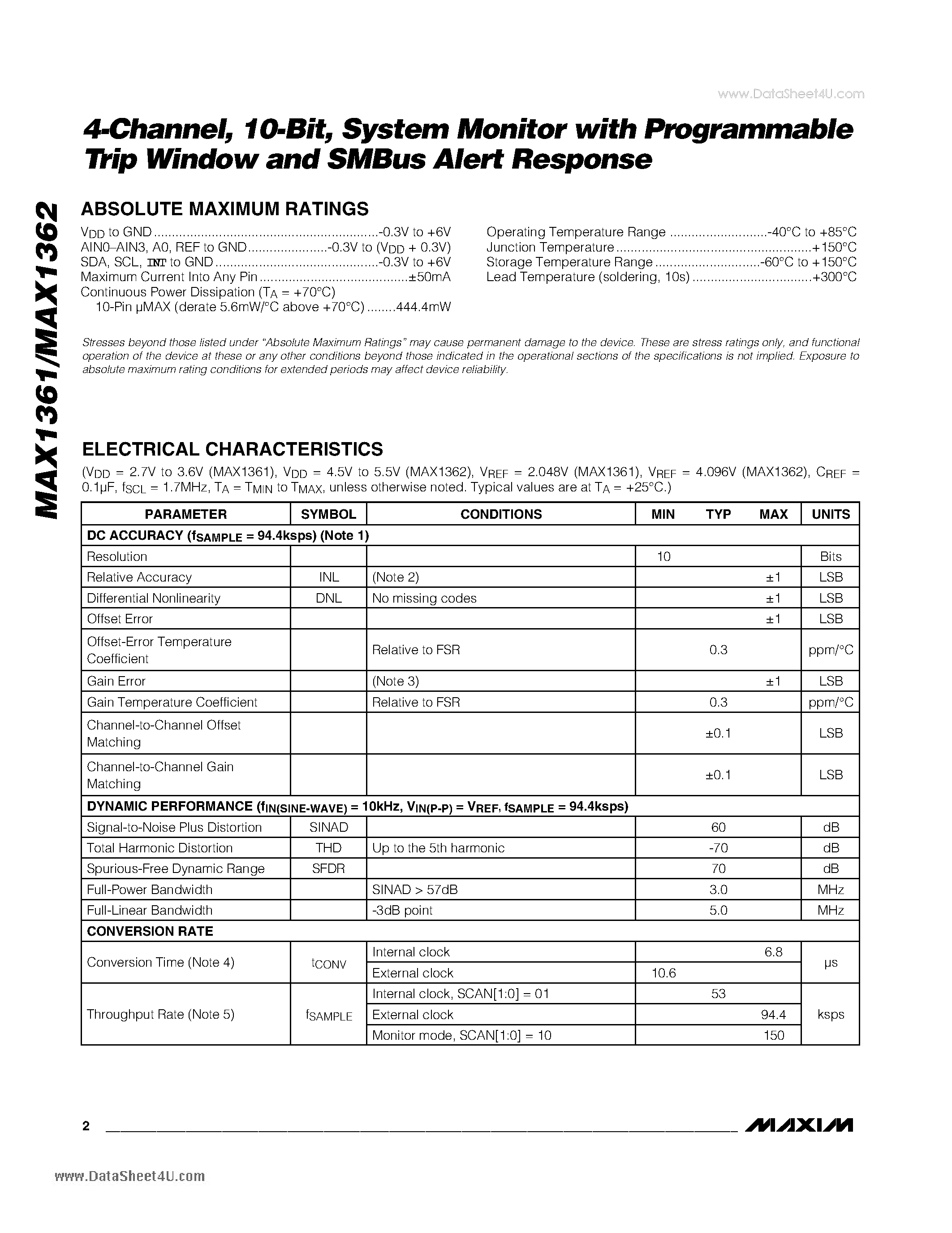 Datasheet MAX1361 - 4-Channel 10-Bit System Monitors page 2