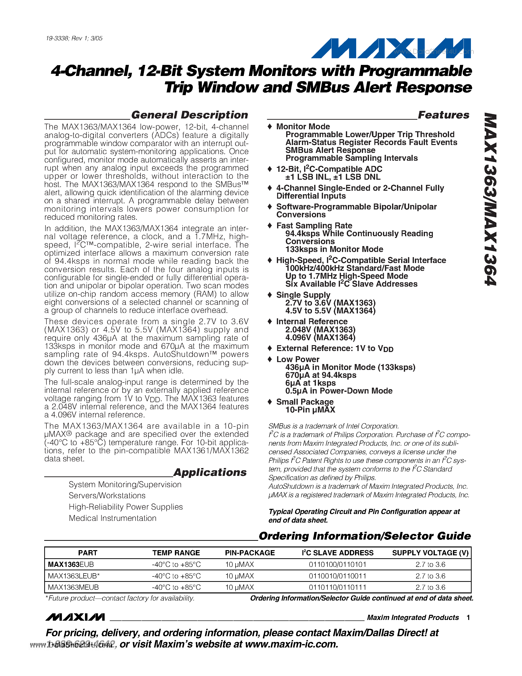Datasheet MAX1363 page 1 Datasheet MAX1363 - 4-Channel 12-Bit System Monitors page 1
