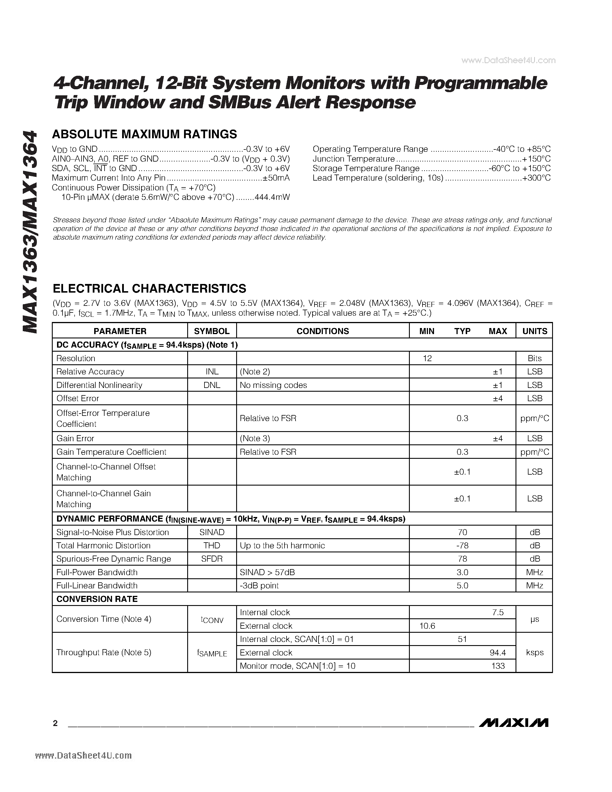 Datasheet MAX1363 page 2 Datasheet MAX1363 - 4-Channel 12-Bit System Monitors page 2