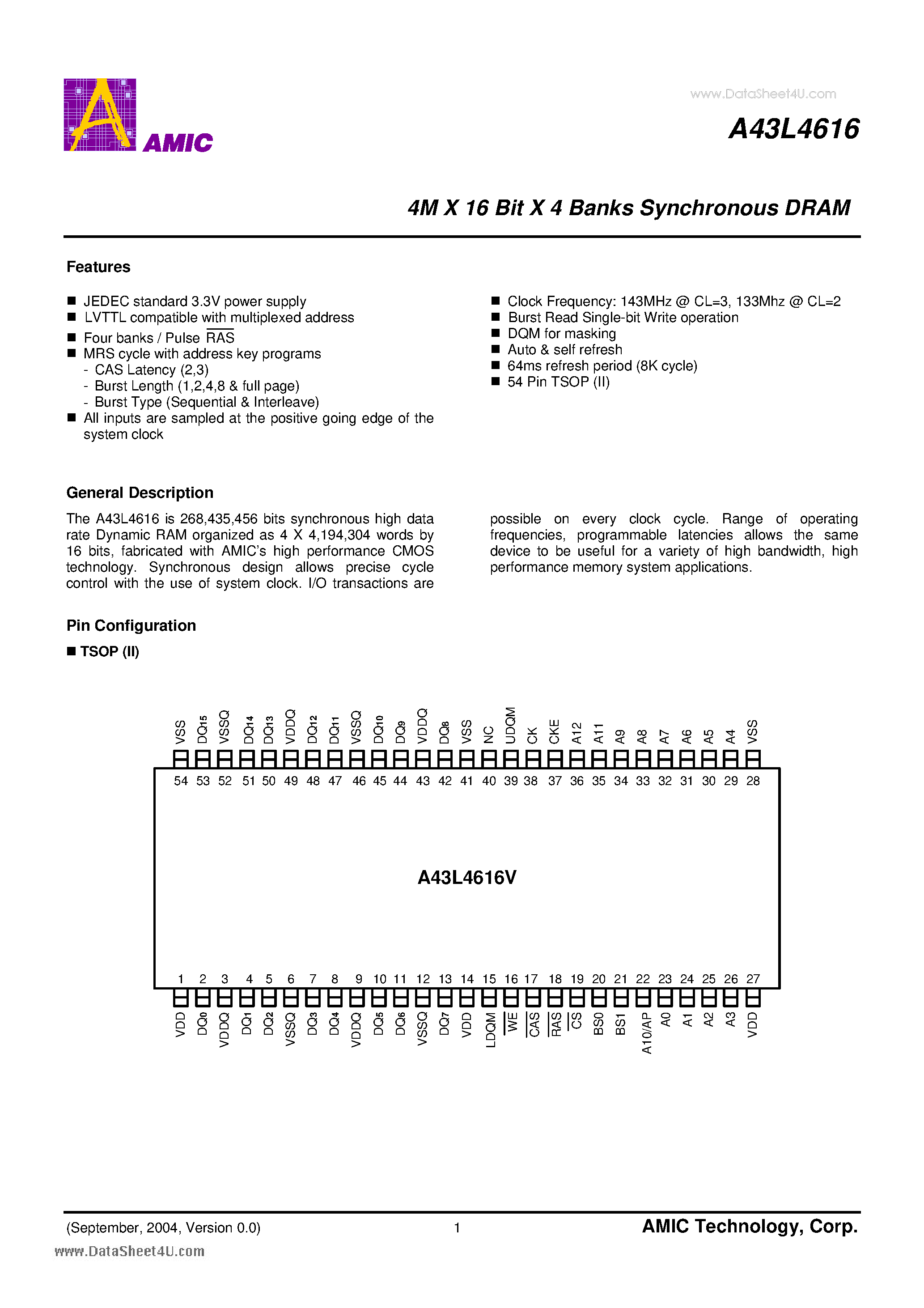 Datasheet A43L4616 page 2 Datasheet A43L4616 - 4M X 16 Bit X 4 Banks Synchronous DRAM page 2