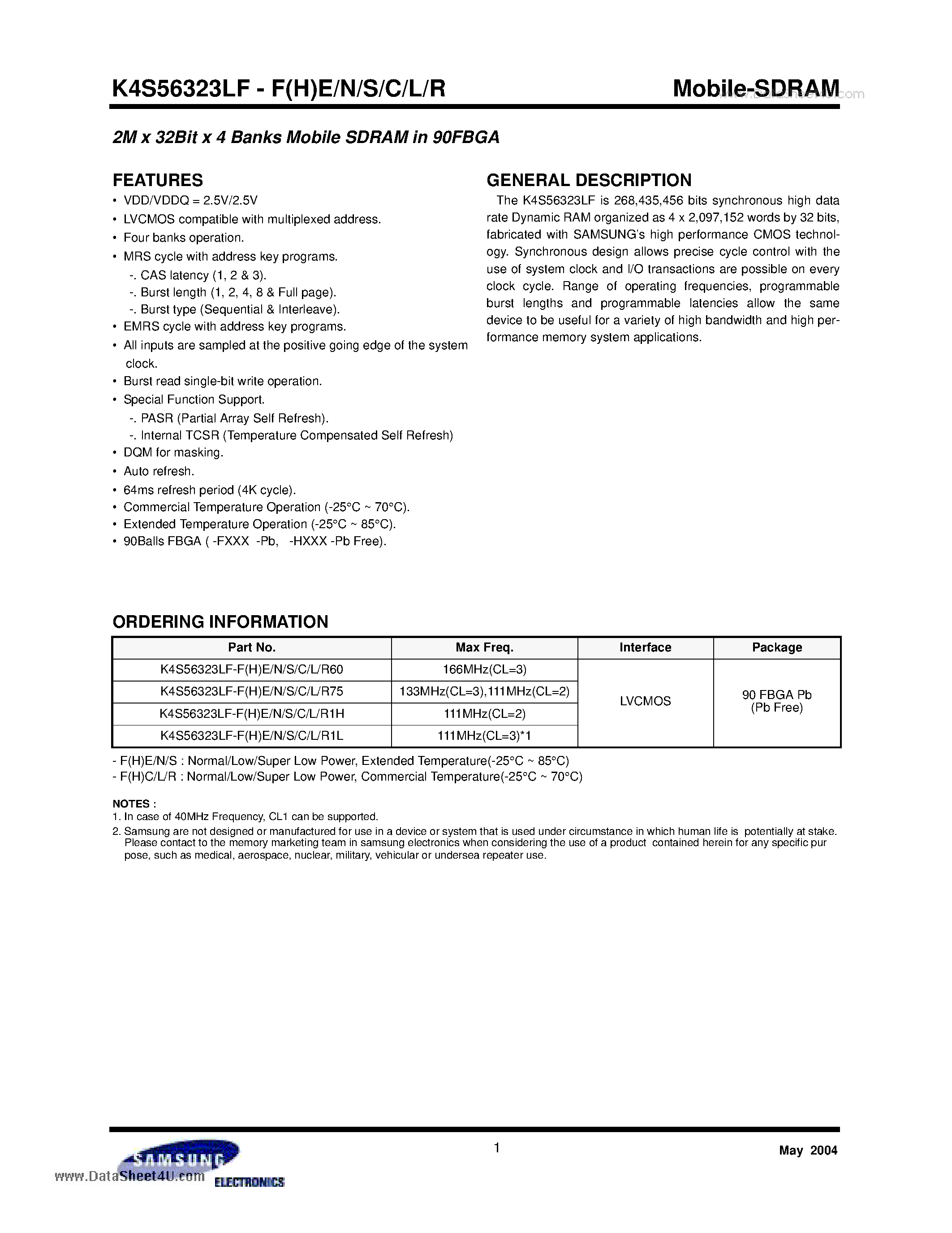 Datasheet K4S56323LF-FC page 1 Datasheet K4S56323LF-FC - 2M x 32Bit x 4 Banks Mobile SDRAM page 1