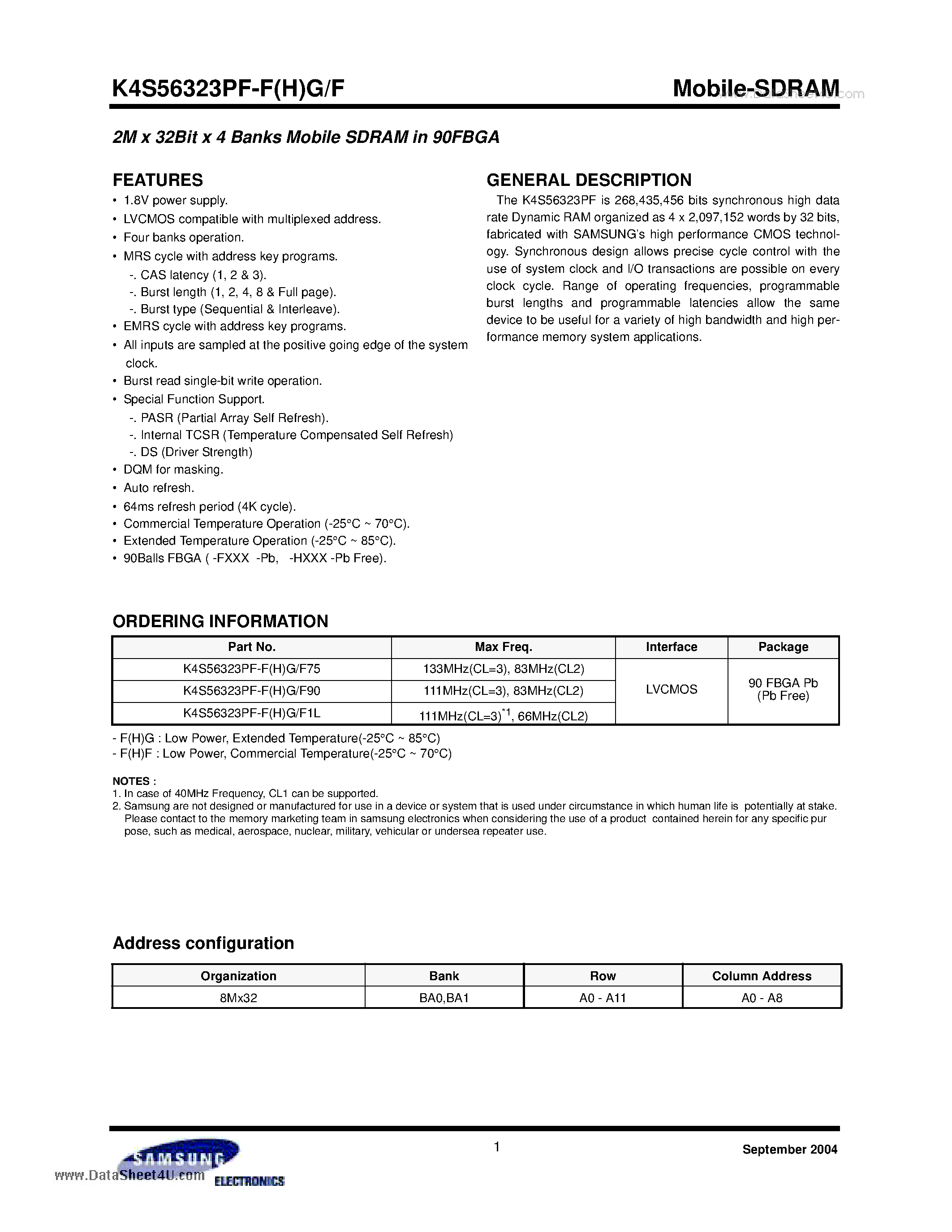 Datasheet K4S56323PF-FF - 2M x 32Bit x 4 Banks Mobile SDRAM page 1