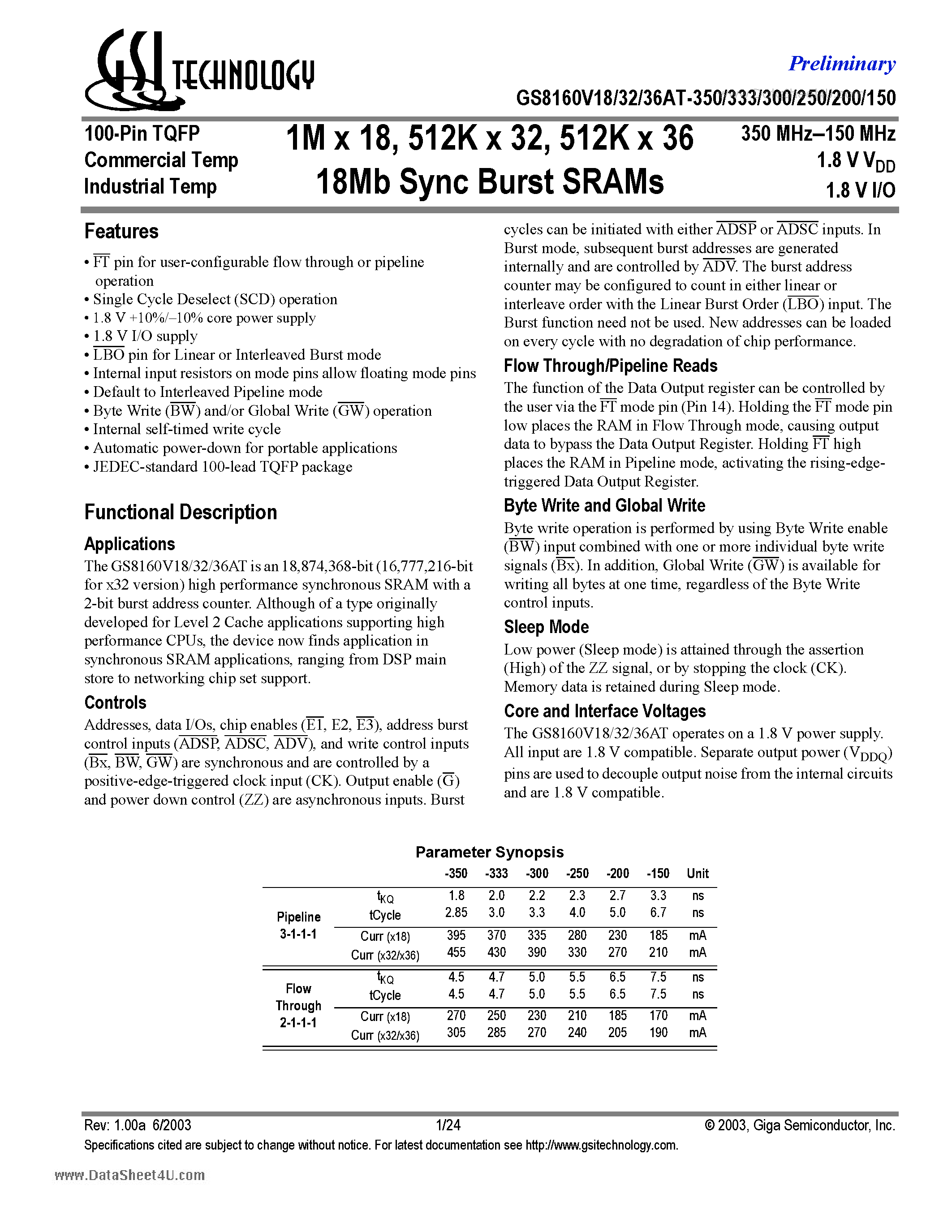 Datasheet GS8160V18AT - 1M x 18 512K x 32 512K x 36 18Mb Sync Burst SRAMs page 1