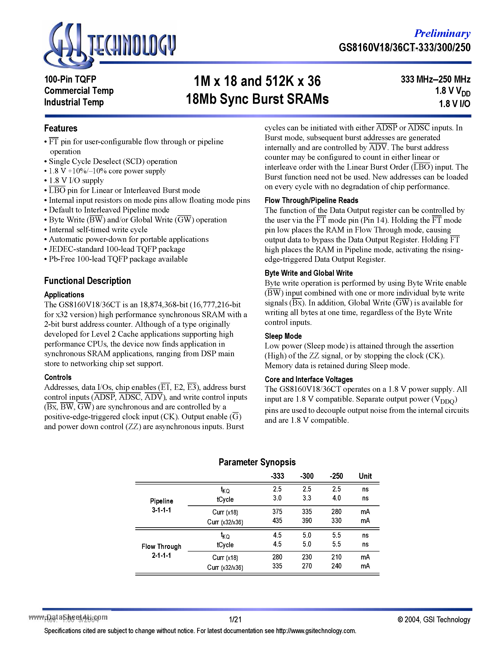 Datasheet GS8160V18CT - 1M x 18 and 512K x 36 18Mb Sync Burst SRAMs page 1
