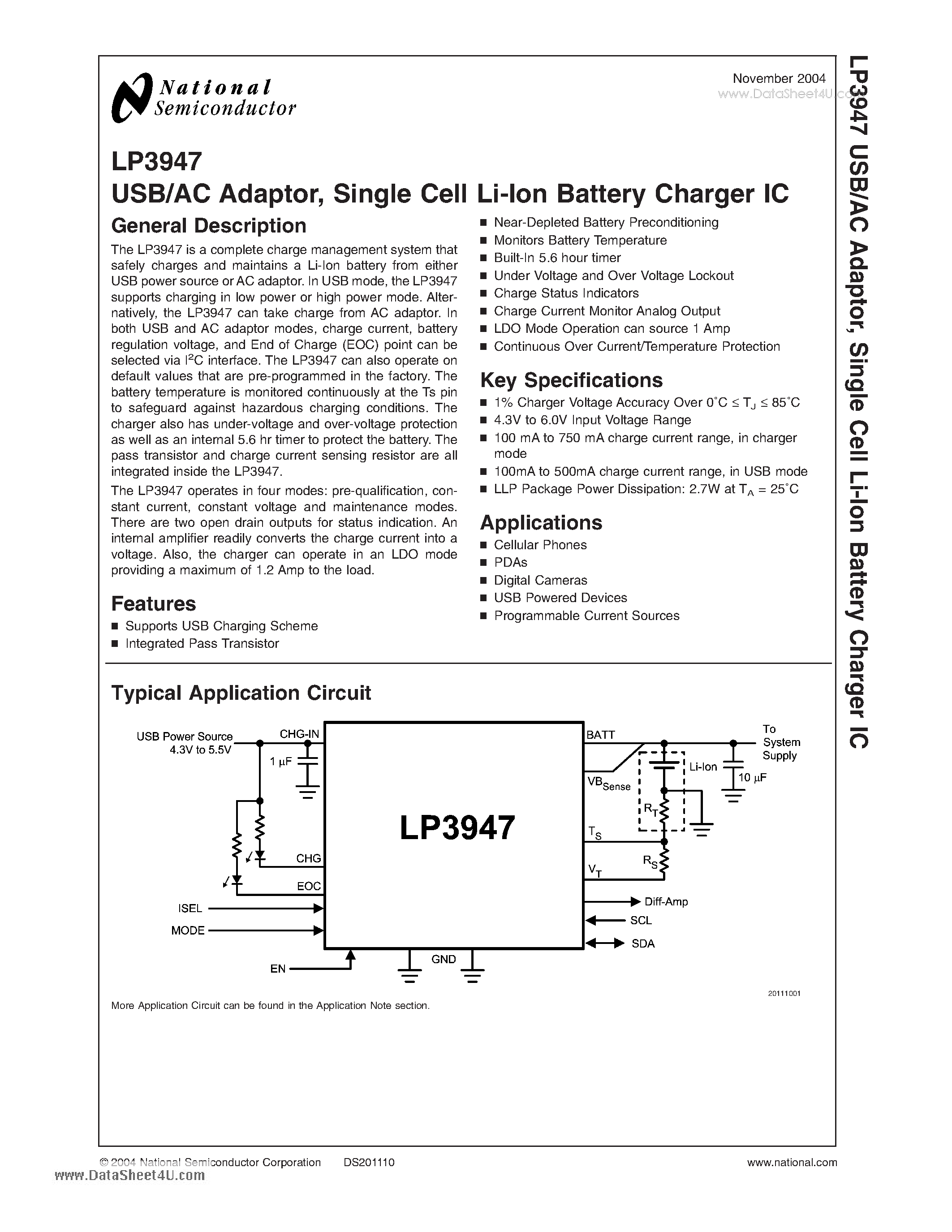 Datasheet LP3947 - USB/AC Adaptor Single Cell Li-Ion Battery Charger IC page 1