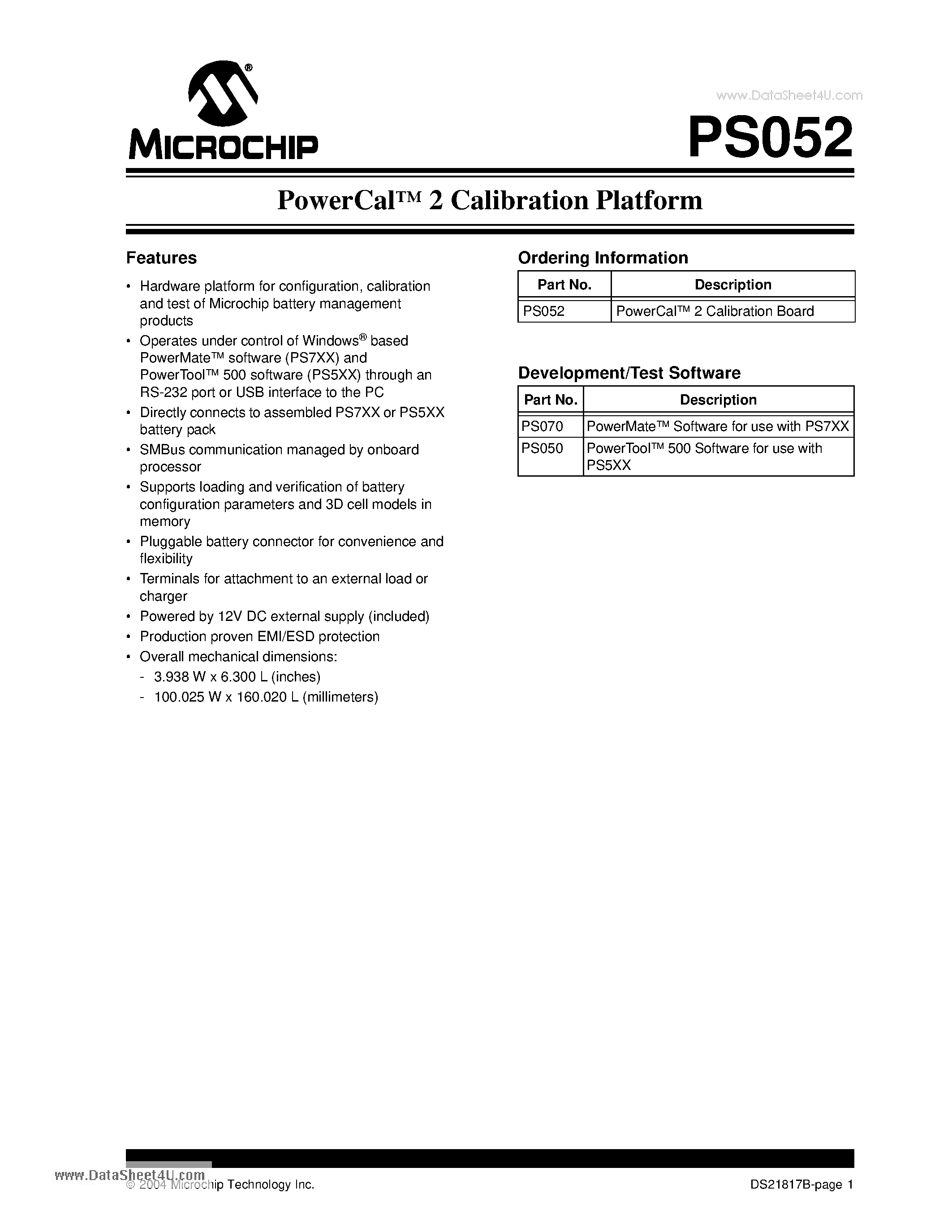Datasheet PS052 - PowerCal 2 Calibration Platform page 1