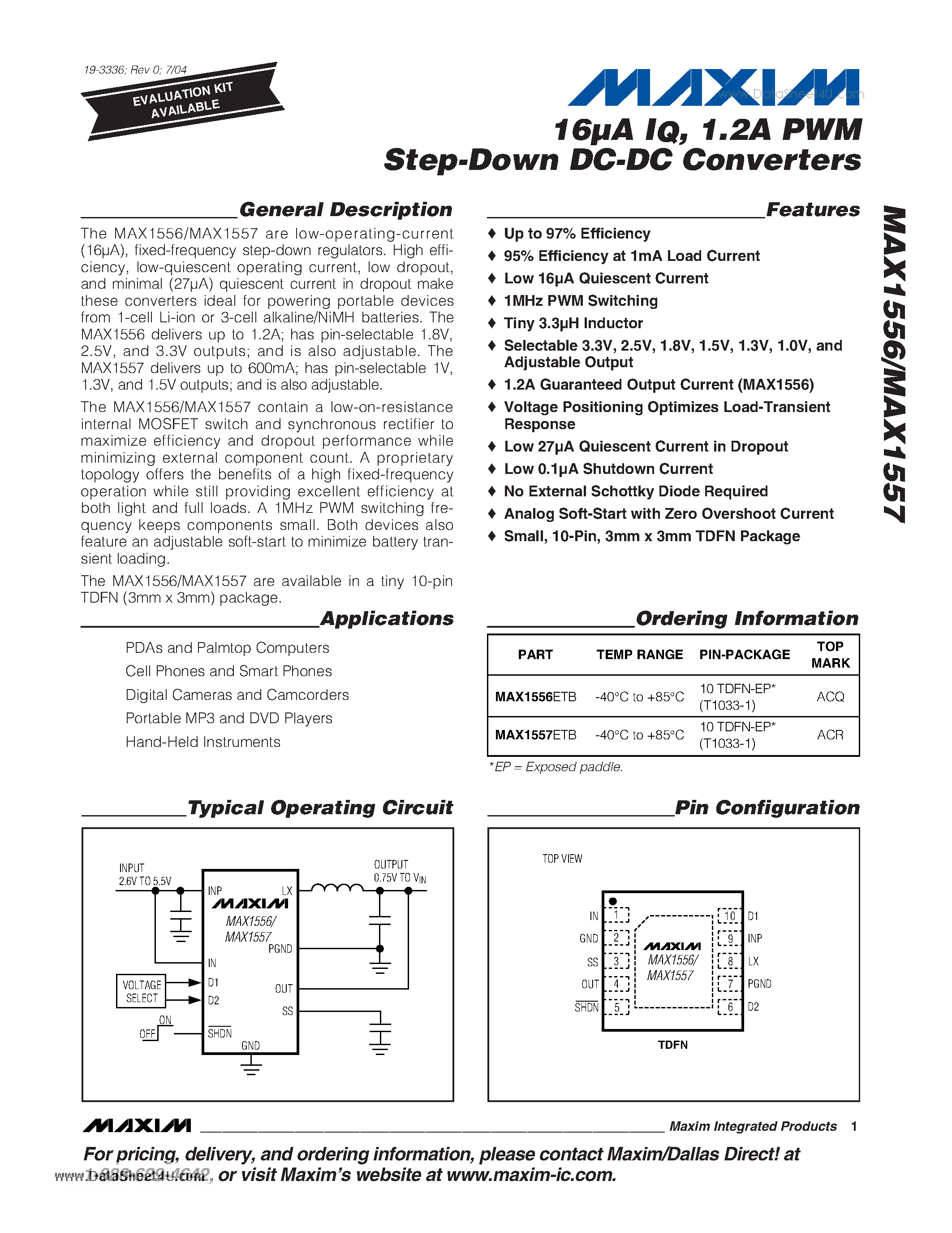 Datasheet MAX1556 - 16uA IQ 1.2A PWM Step-Down DC-DC Converters page 1