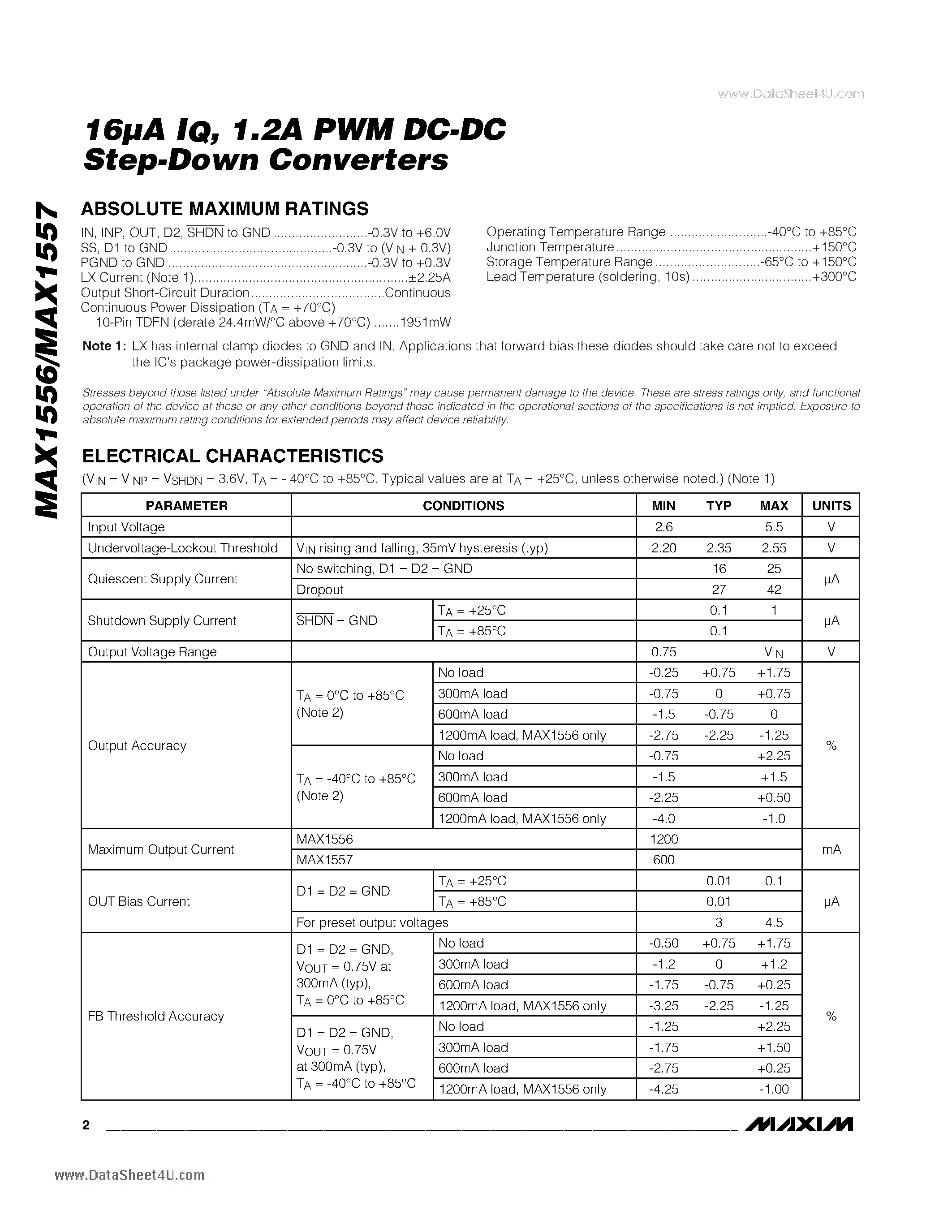Datasheet MAX1556 - 16uA IQ 1.2A PWM Step-Down DC-DC Converters page 2