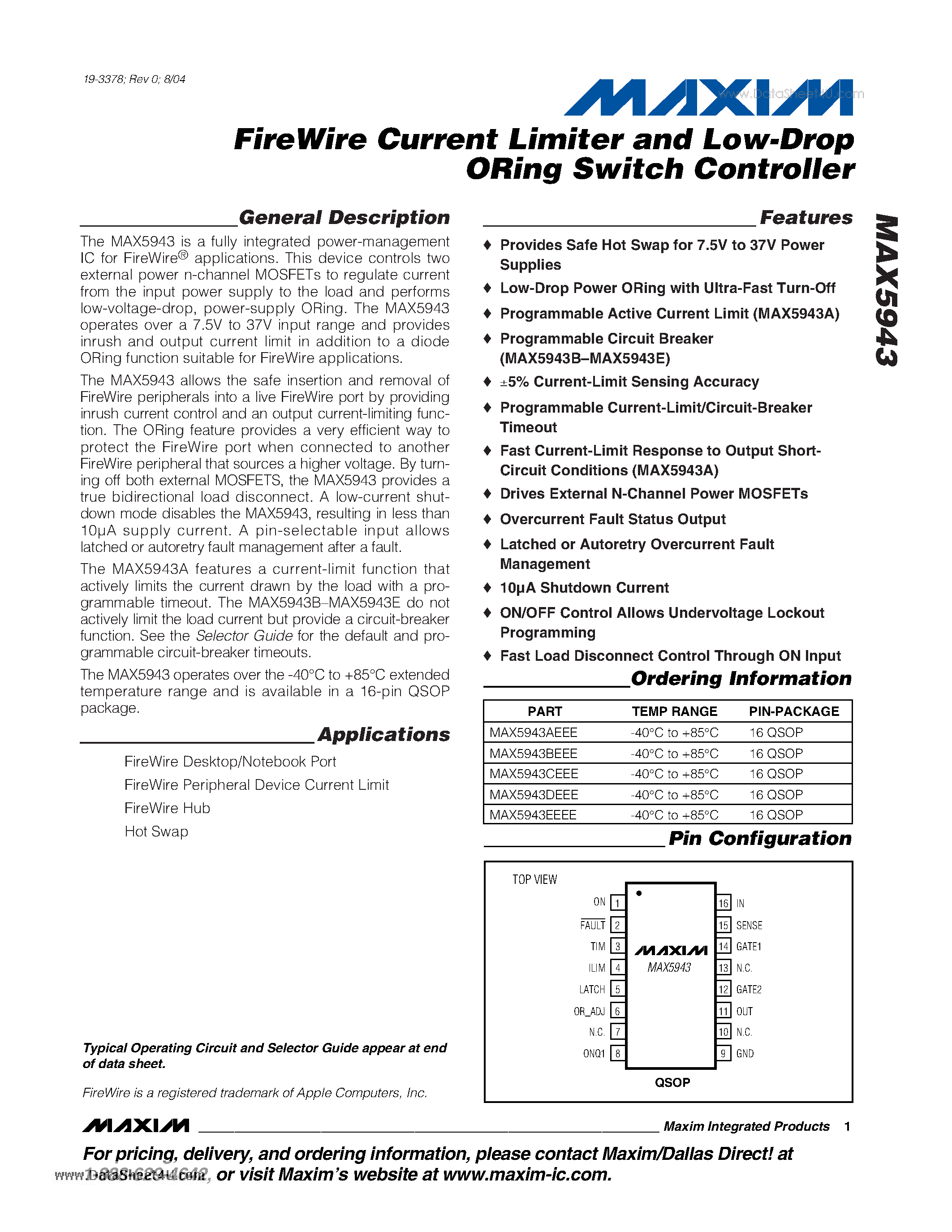 Datasheet MAX5943 page 1 Datasheet MAX5943 - FireWire Current Limiter and Low-Drop ORing Switch Controller page 1