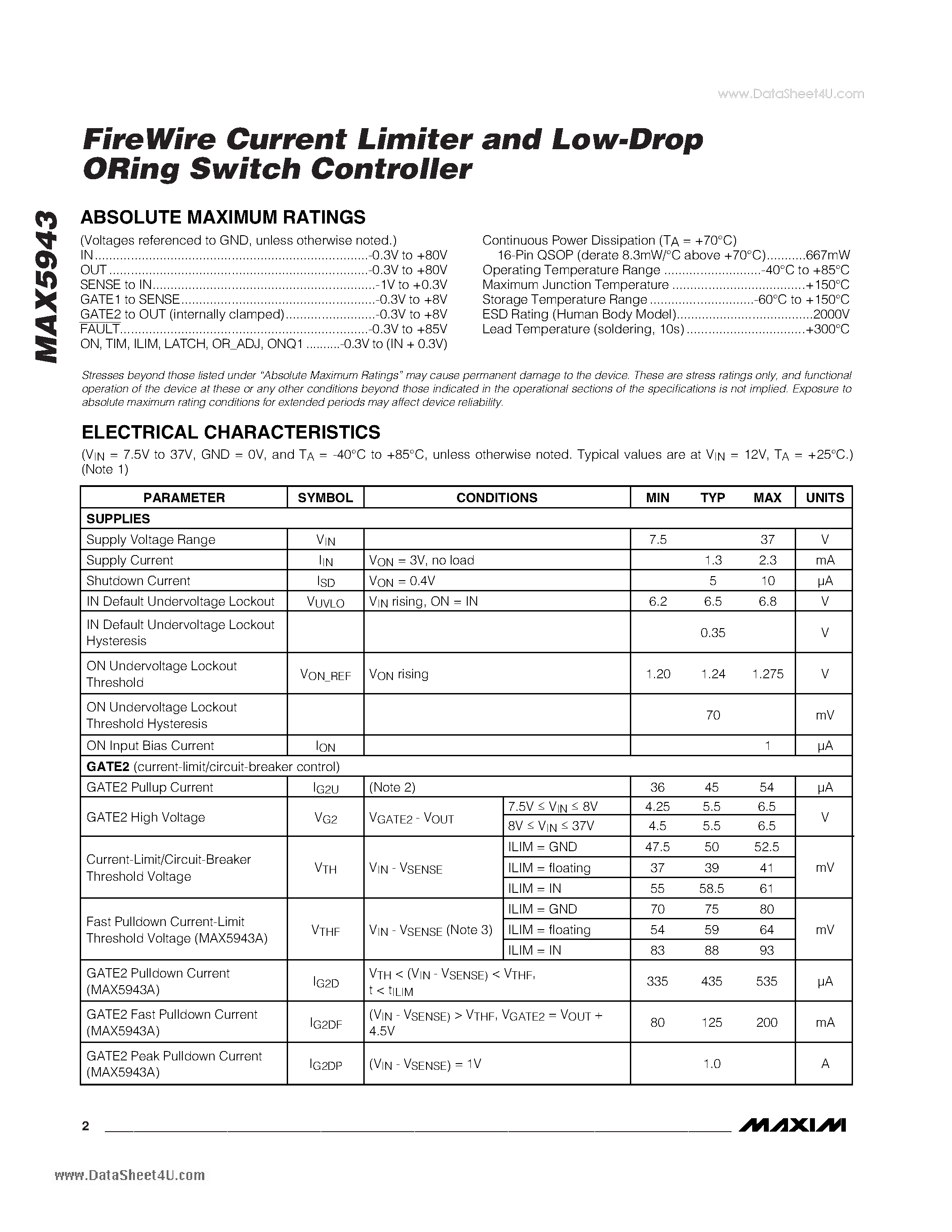 Datasheet MAX5943 page 2 Datasheet MAX5943 - FireWire Current Limiter and Low-Drop ORing Switch Controller page 2