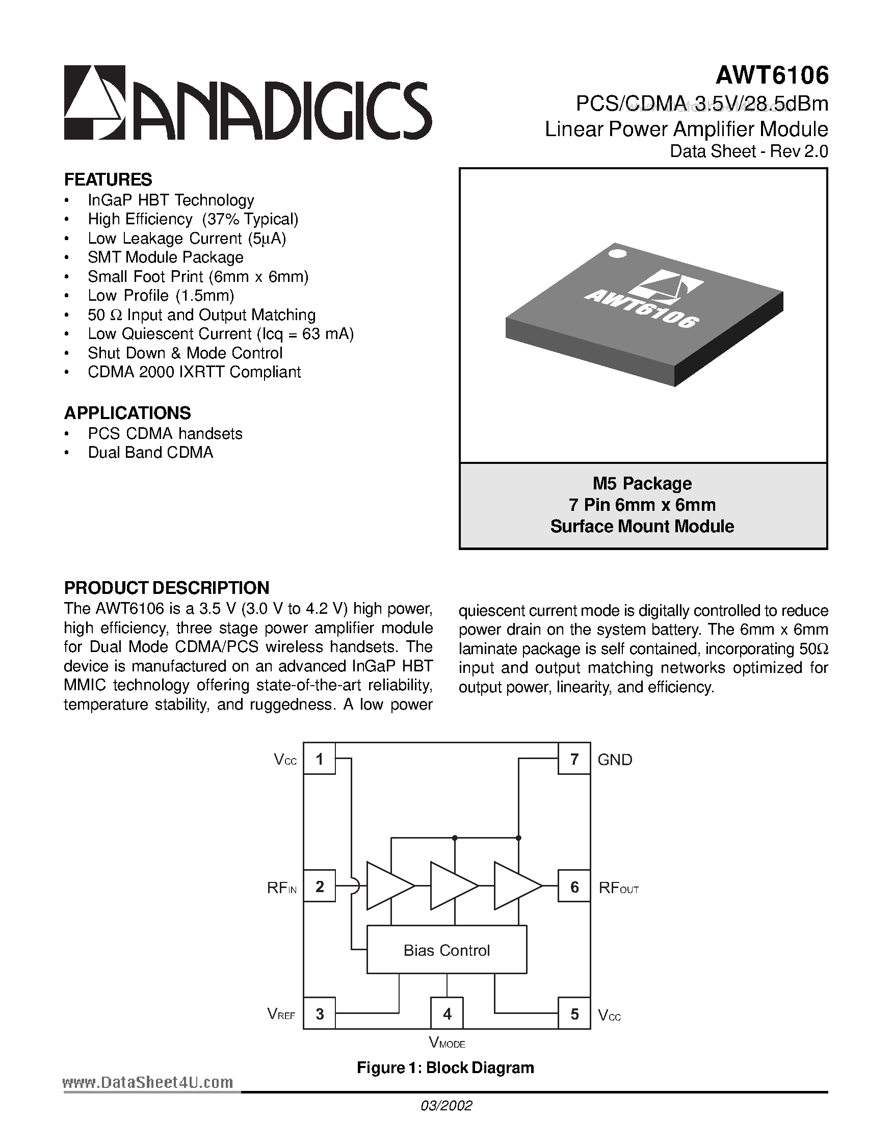 Datasheet AWT6106 page 1 Datasheet AWT6106 - PCS/CDMA 3.5V/28.5dBm Linear Power Amplifier Module page 1
