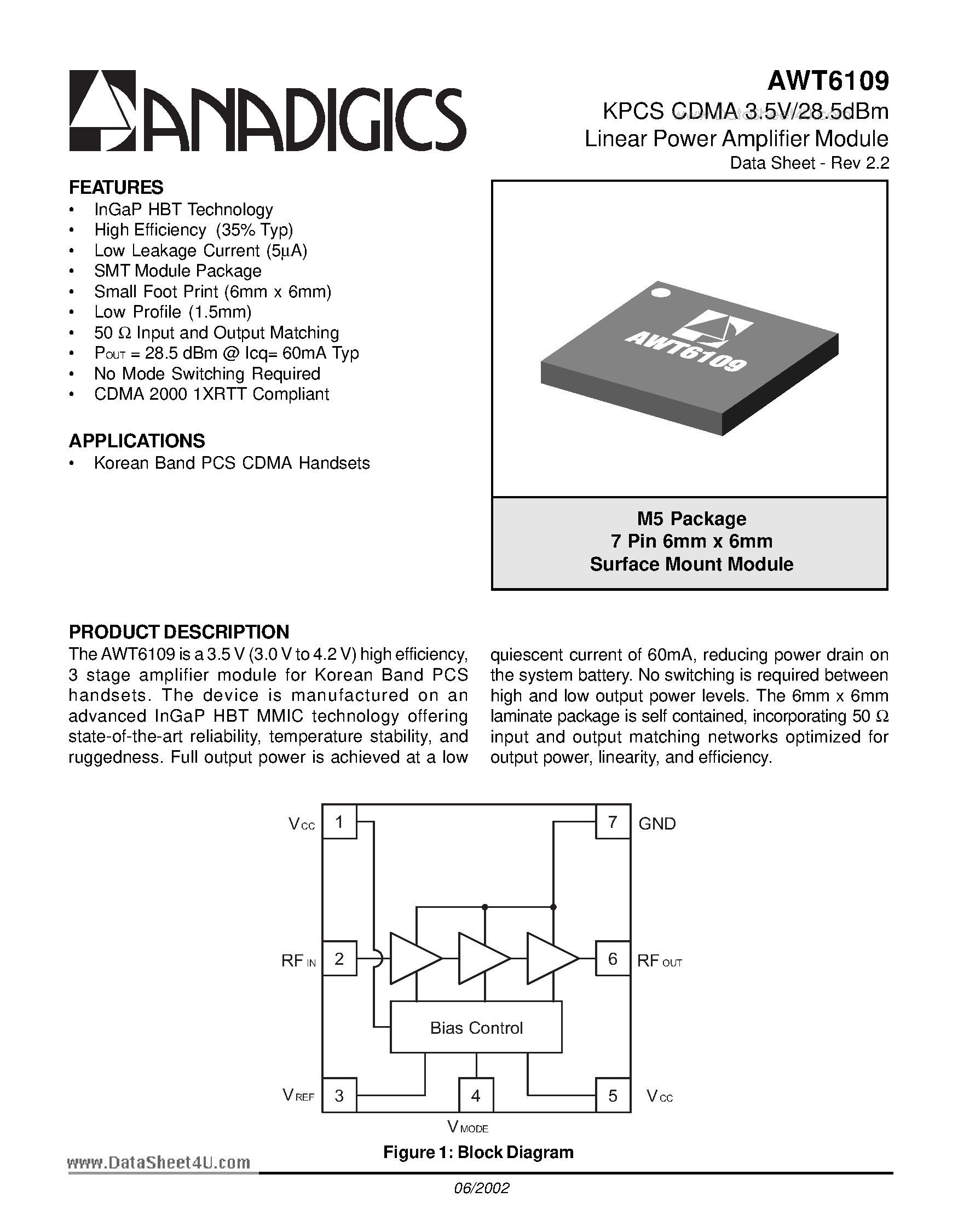 Datasheet AWT6109 page 1 Datasheet AWT6109 - KPCS CDMA 3.5V/28.5dBm Linear Power Amplifier Module page 1