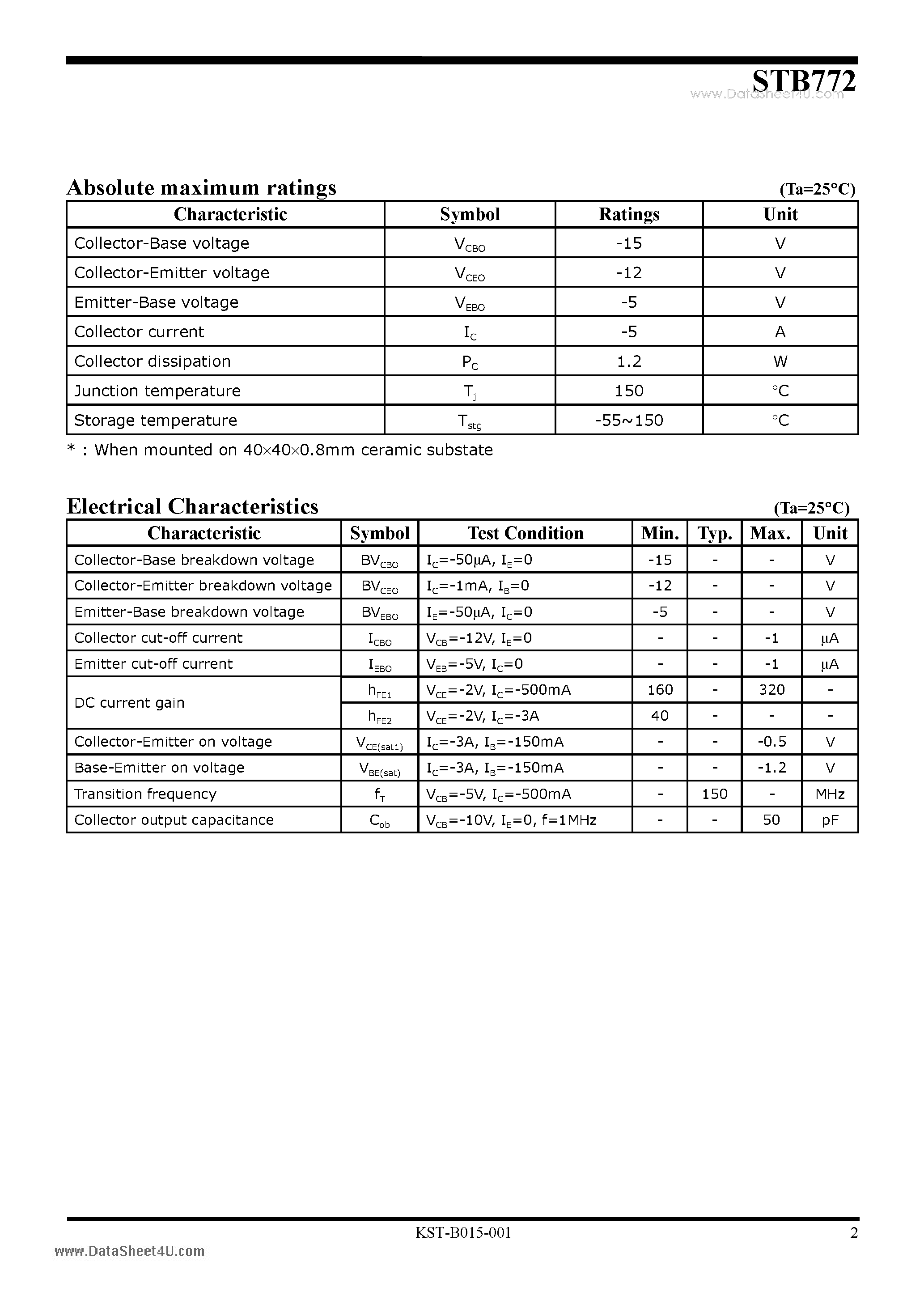 Datasheet STB772 page 2 Datasheet STB772 - PNP Silicon Transistor page 2