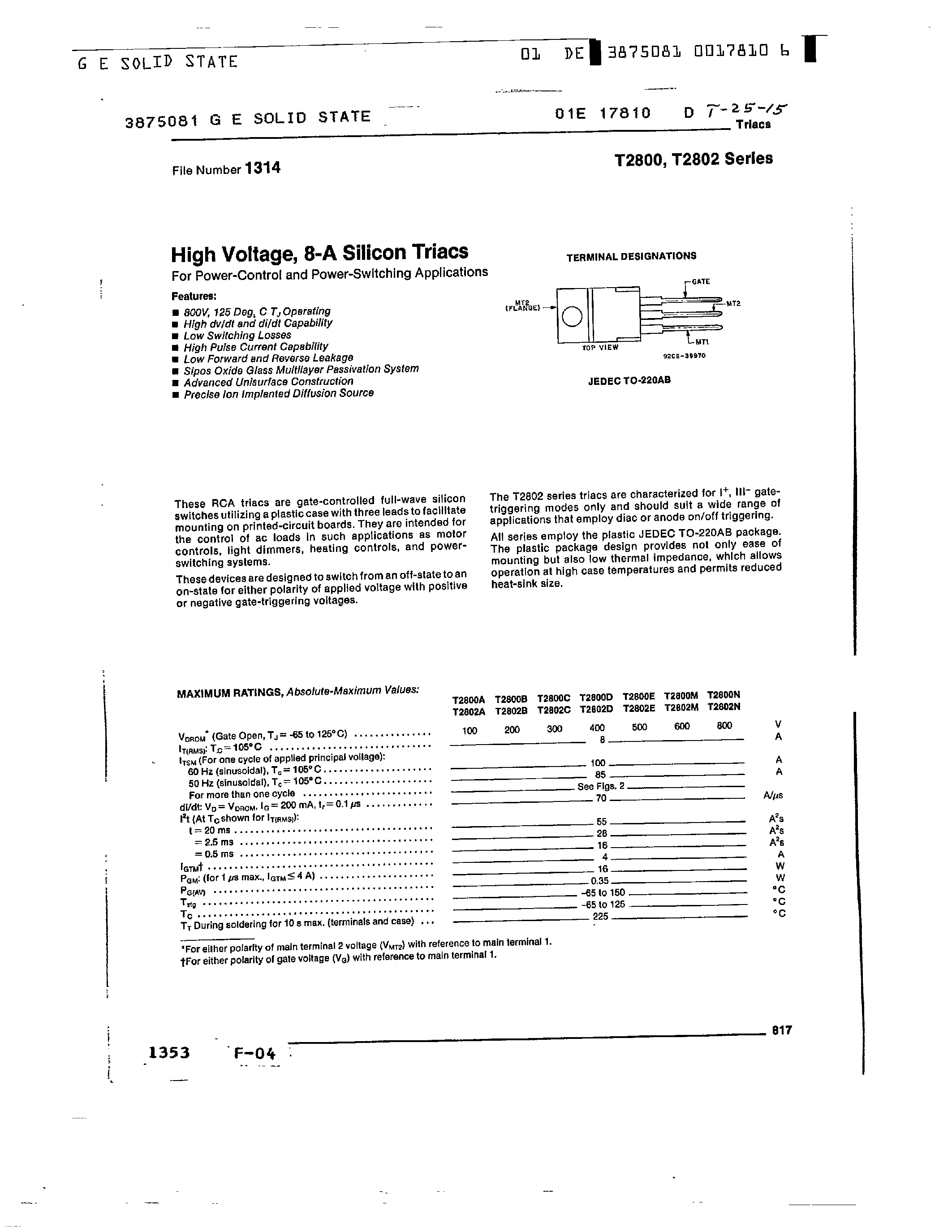 Datasheet T2800 - HIGH VOLTAGE 8 - A SILICON TRIACS page 1