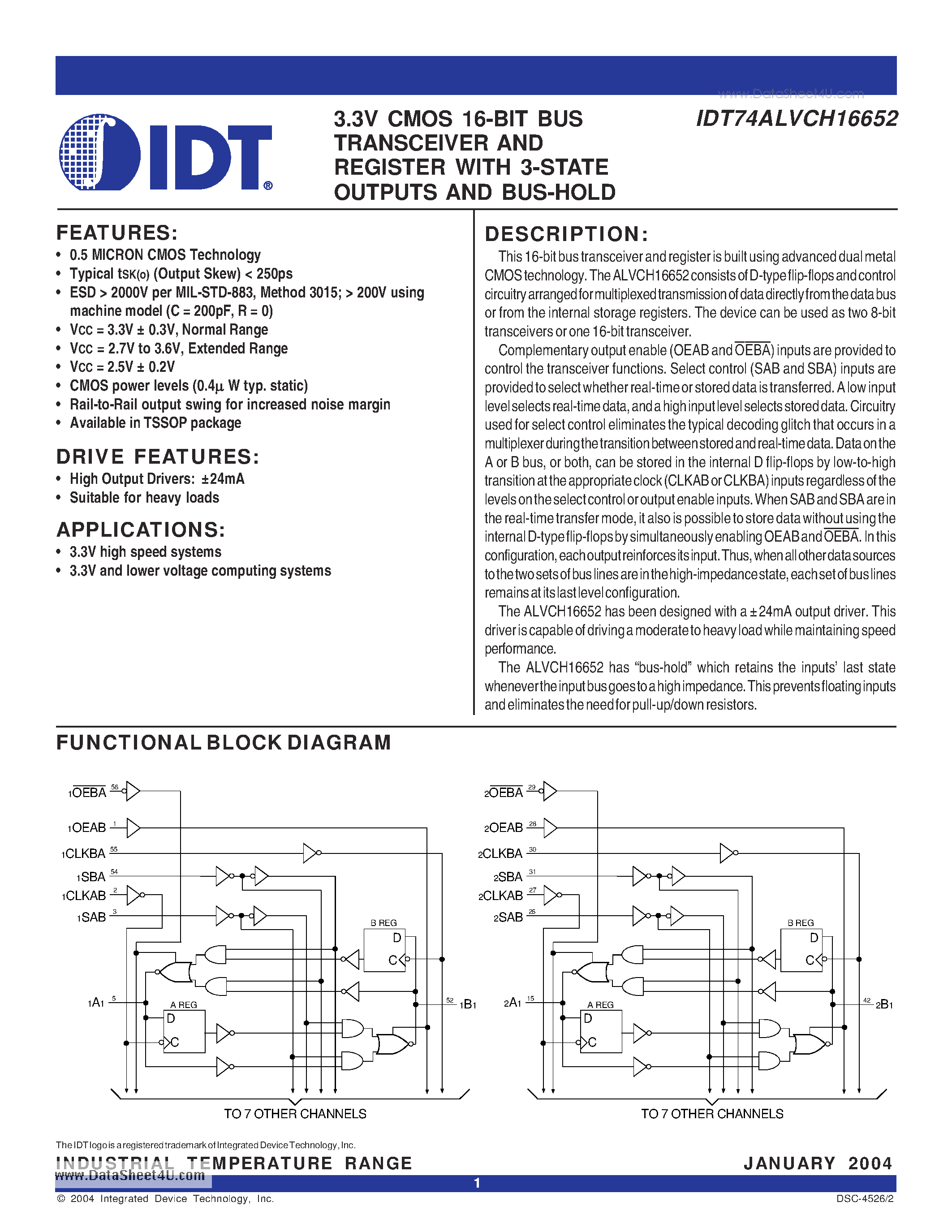 Datasheet IDT74ALVCH16652 - 3.3V CMOS 16-BIT BUS TRANSCEIVER AND REGISTER page 1