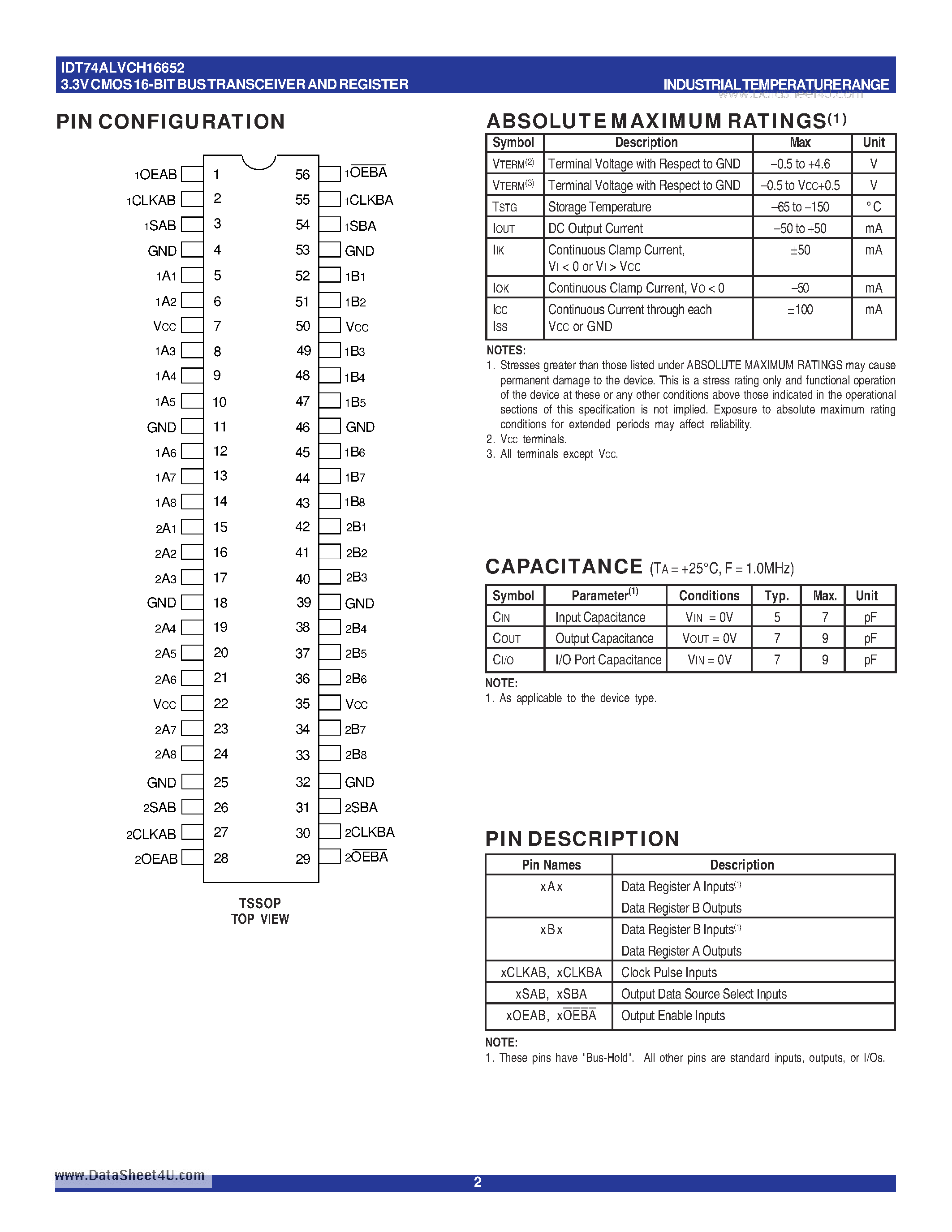 Datasheet IDT74ALVCH16652 - 3.3V CMOS 16-BIT BUS TRANSCEIVER AND REGISTER page 2