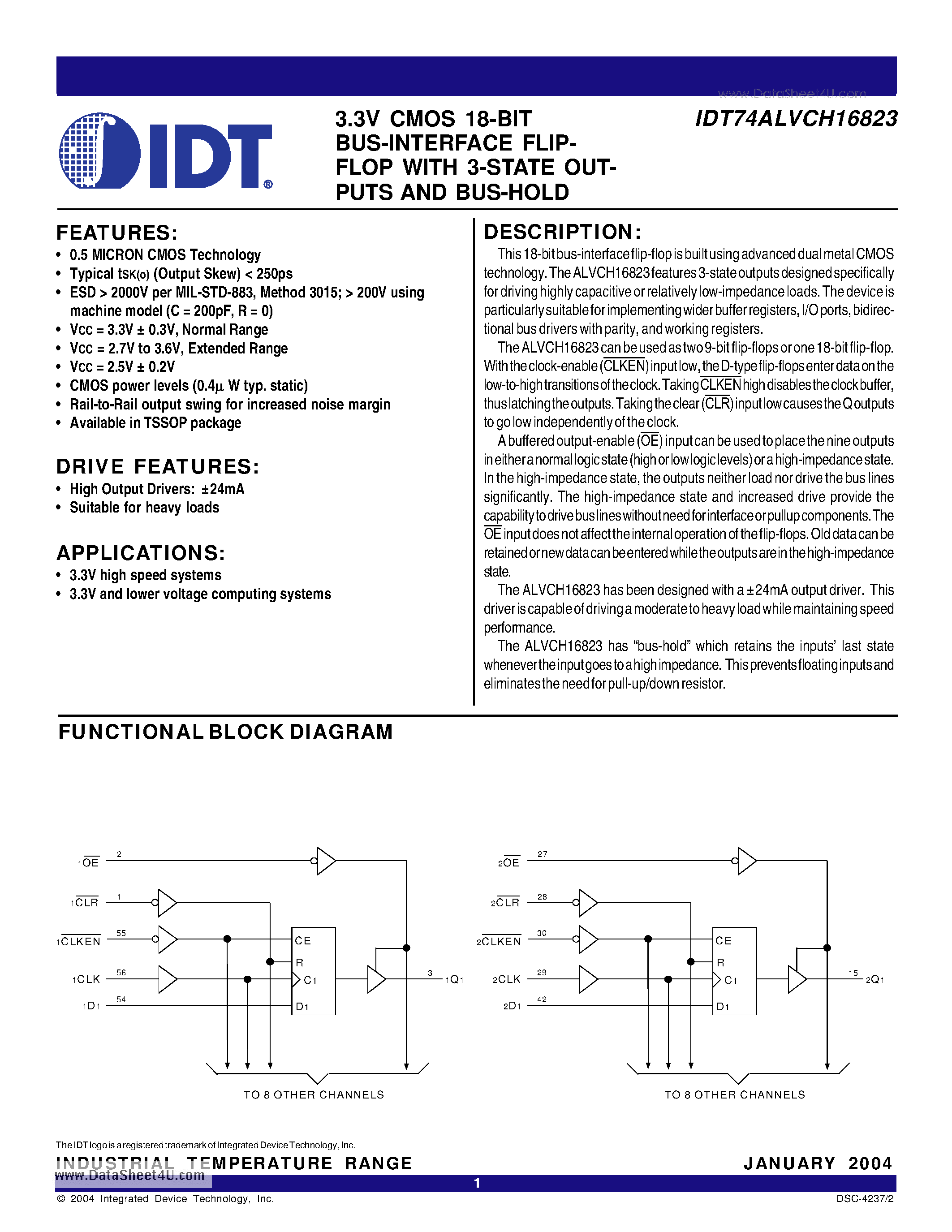 Datasheet IDT74ALVCH16823 - 3.3V CMOS 18-BIT BUS-INTERFACE FLIPFLOP page 1